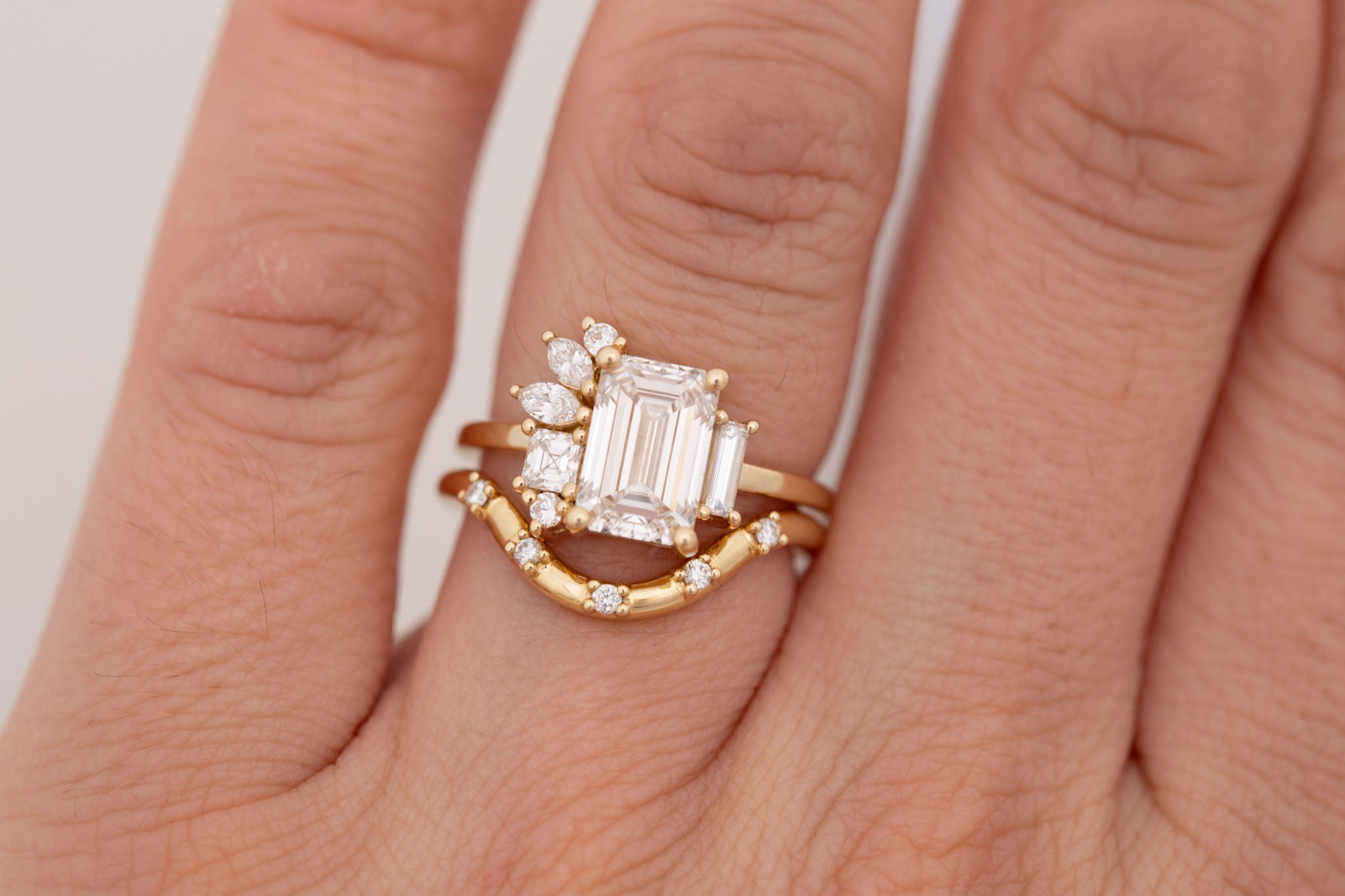 Paloma Ring | Lab Emerald Cut Diamond + Diamond Cluster Engagement Ring 2.25 ct | 14k Recycled Gold | One of a Kind