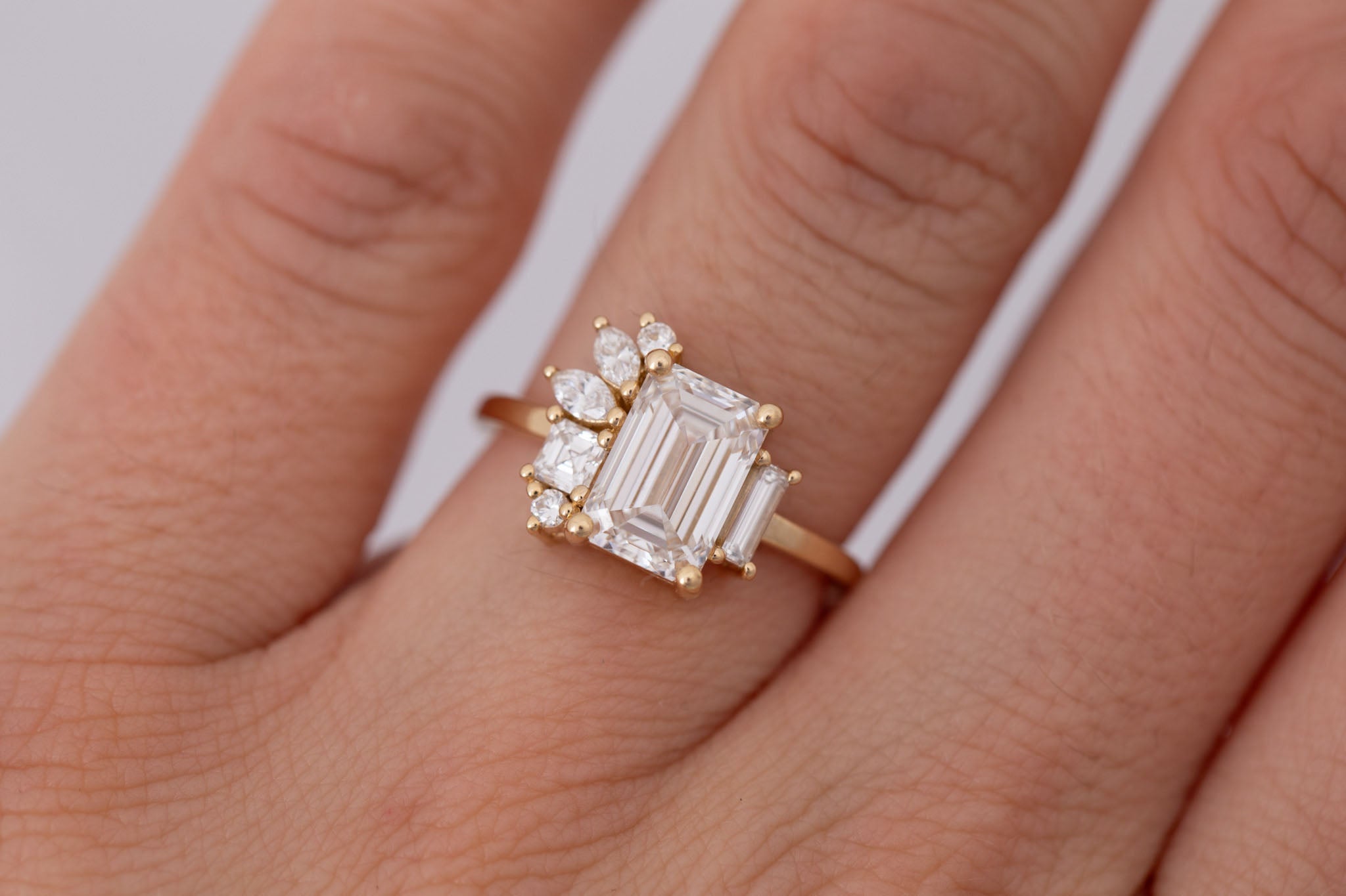 Paloma Ring | Lab Emerald Cut Diamond + Diamond Cluster Engagement Ring 2.25 ct | 14k Recycled Gold | One of a Kind