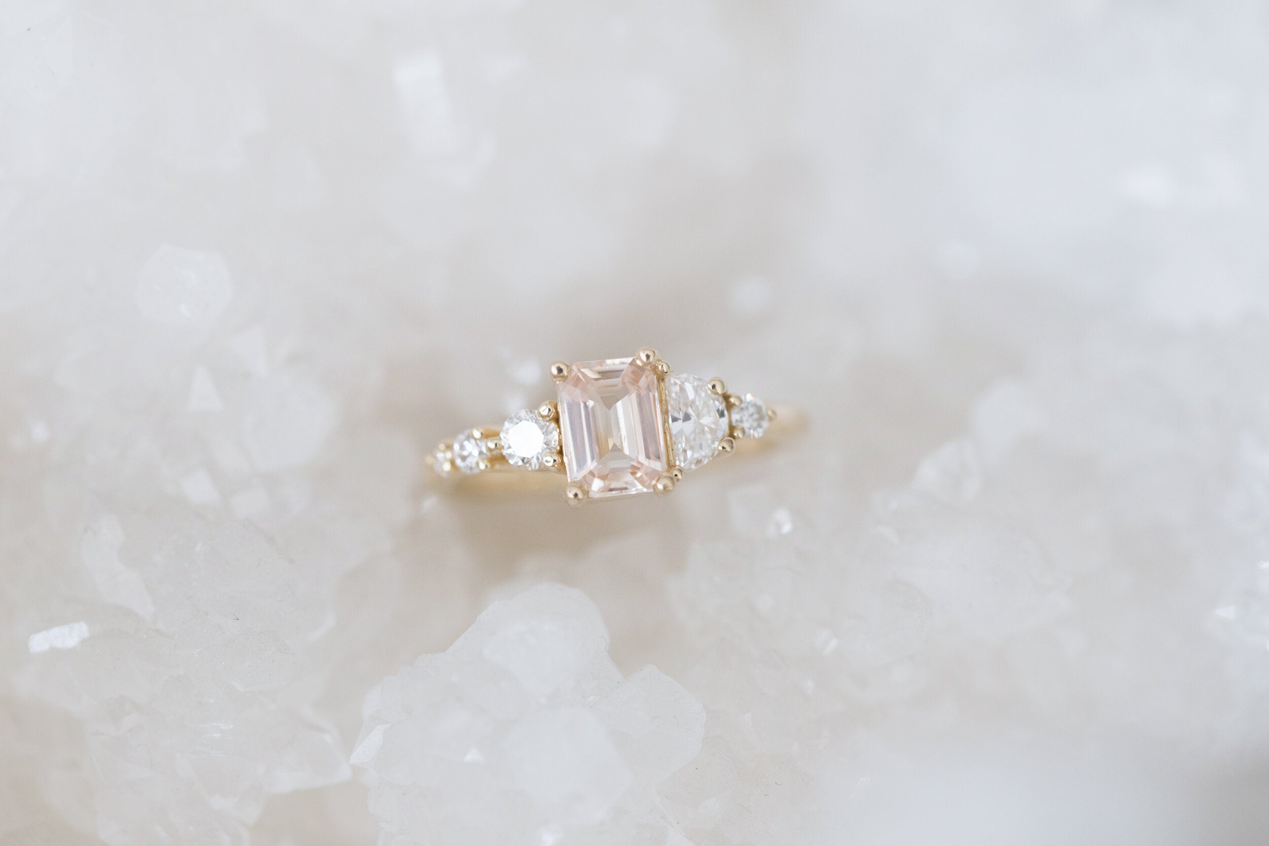 Sarine Ring | Apricot Blush Sapphire + Half Moon Diamond + Diamond Cluster Engagement Ring | 14k Recycled Gold | One of a Kind