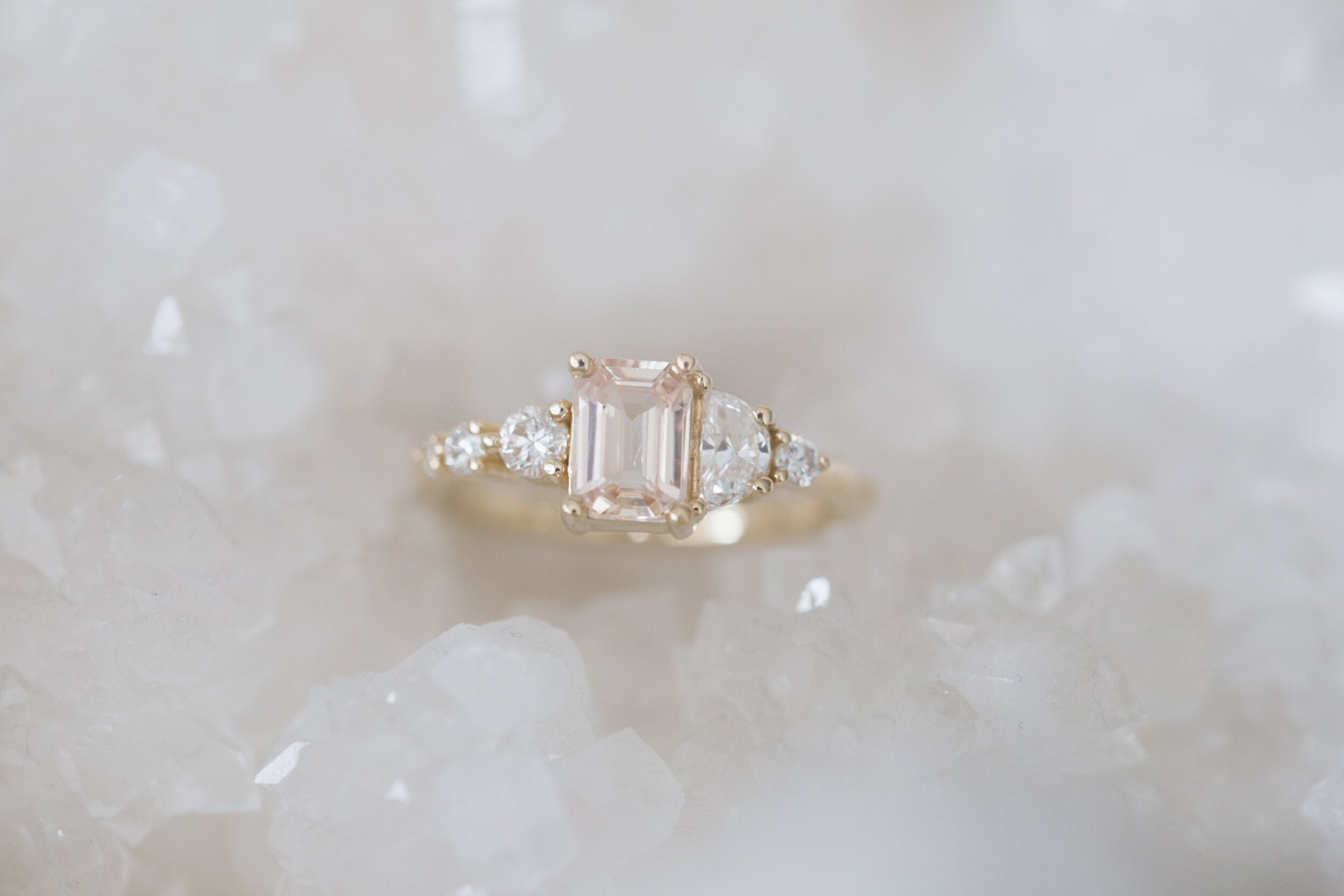 Sarine Ring | Apricot Blush Sapphire + Half Moon Diamond + Diamond Cluster Engagement Ring | 14k Recycled Gold | One of a Kind