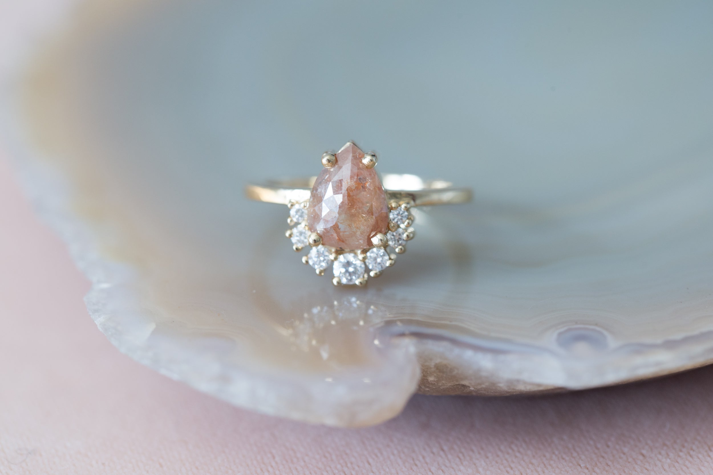 Peach Pear Rose Cut Rustic Diamond + Diamond Cluster Engagement Ring | 14k Recycled Gold | One of a Kind