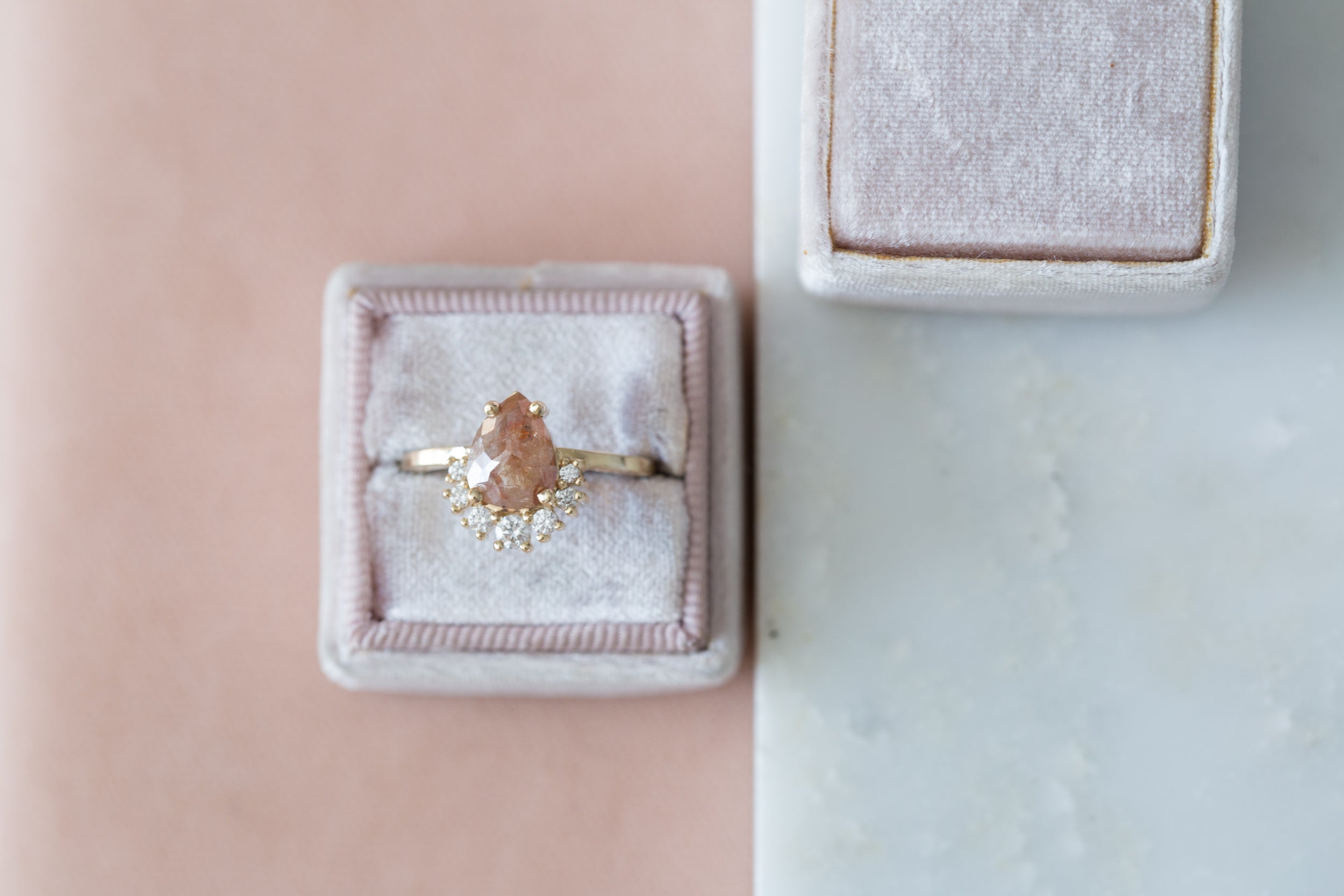 Peach Pear Rose Cut Rustic Diamond + Diamond Cluster Engagement Ring | 14k Recycled Gold | One of a Kind