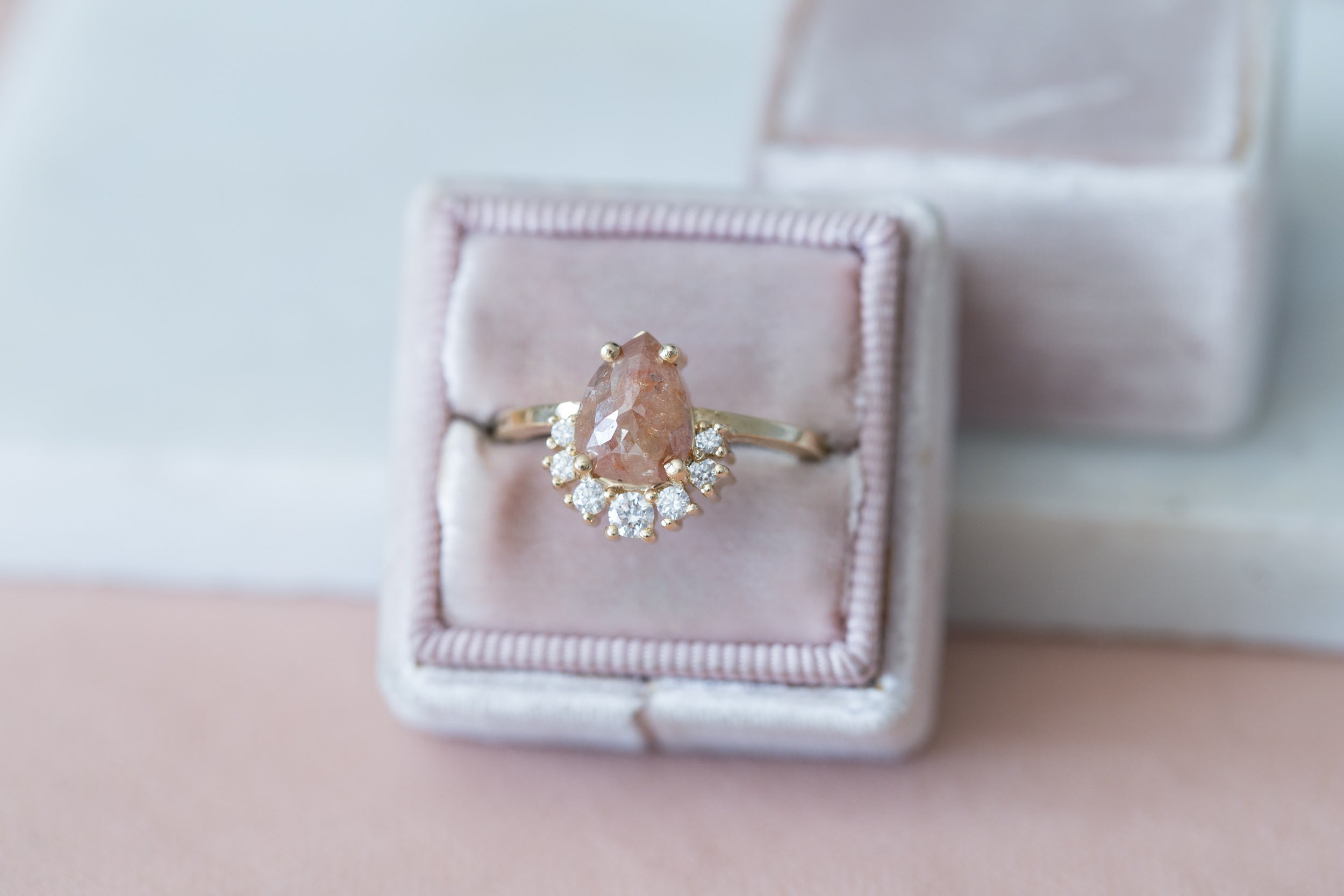 Peach Pear Rose Cut Rustic Diamond + Diamond Cluster Engagement Ring | 14k Recycled Gold | One of a Kind
