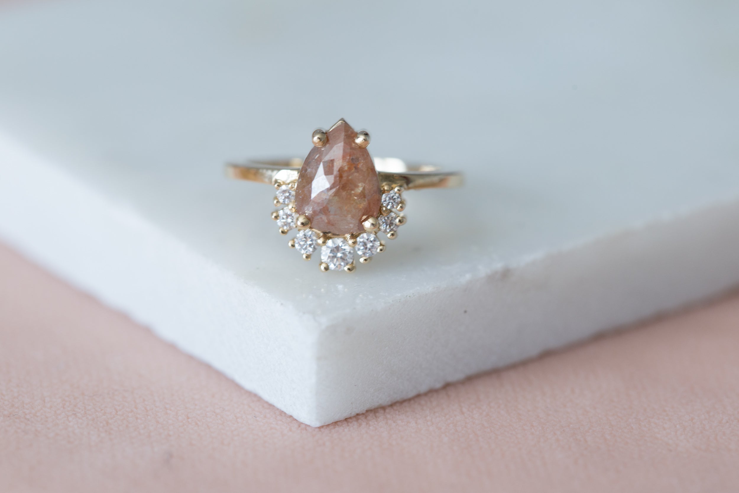 Peach Pear Rose Cut Rustic Diamond + Diamond Cluster Engagement Ring | 14k Recycled Gold | One of a Kind