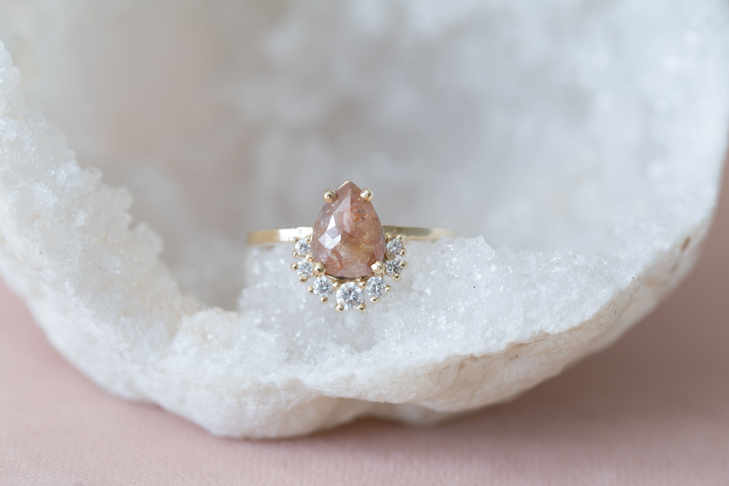 Peach Pear Rose Cut Rustic Diamond + Diamond Cluster Engagement Ring | 14k Recycled Gold | One of a Kind