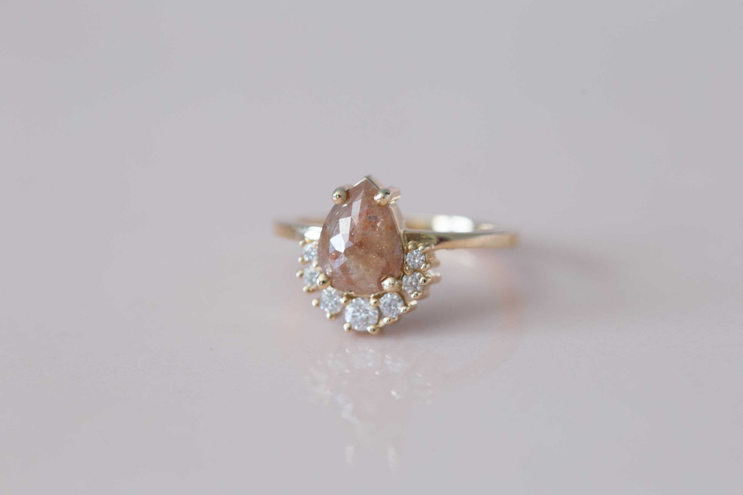 Peach Pear Rose Cut Rustic Diamond + Diamond Cluster Engagement Ring | 14k Recycled Gold | One of a Kind