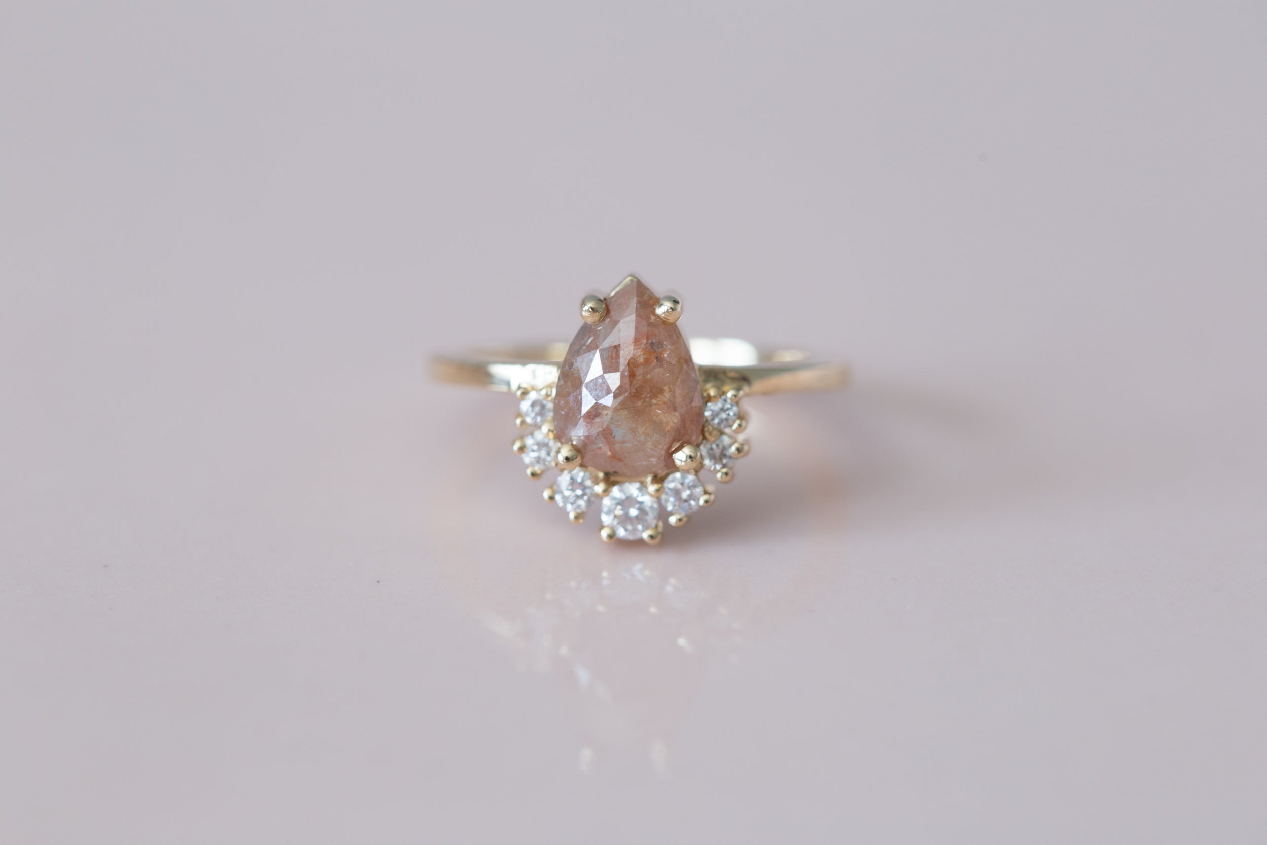 Peach Pear Rose Cut Rustic Diamond + Diamond Cluster Engagement Ring | 14k Recycled Gold | One of a Kind