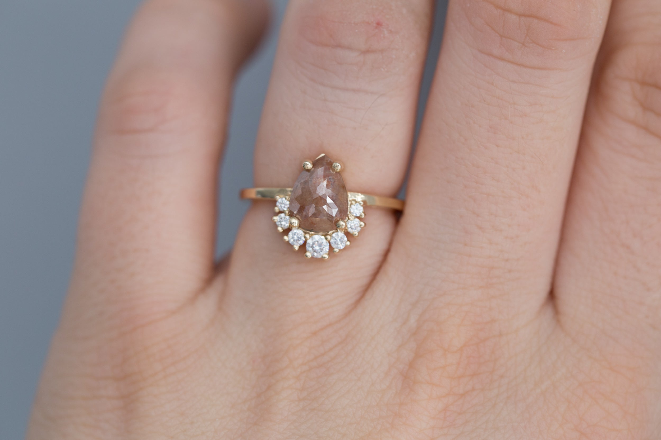 Peach Pear Rose Cut Rustic Diamond + Diamond Cluster Engagement Ring | 14k Recycled Gold | One of a Kind