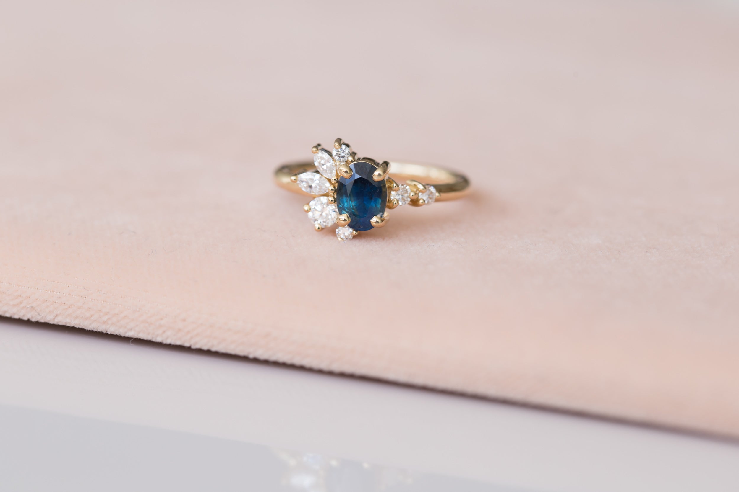 Ambretta Ring | Bi Color Oval Sapphire + Diamond Cluster Engagement Ring | 14k Recycled Gold | One of a Kind