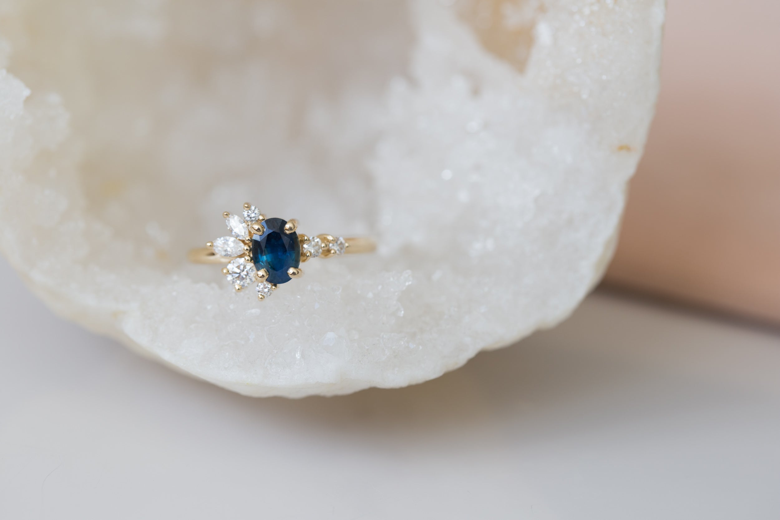 Ambretta Ring | Bi Color Oval Sapphire + Diamond Cluster Engagement Ring | 14k Recycled Gold | One of a Kind