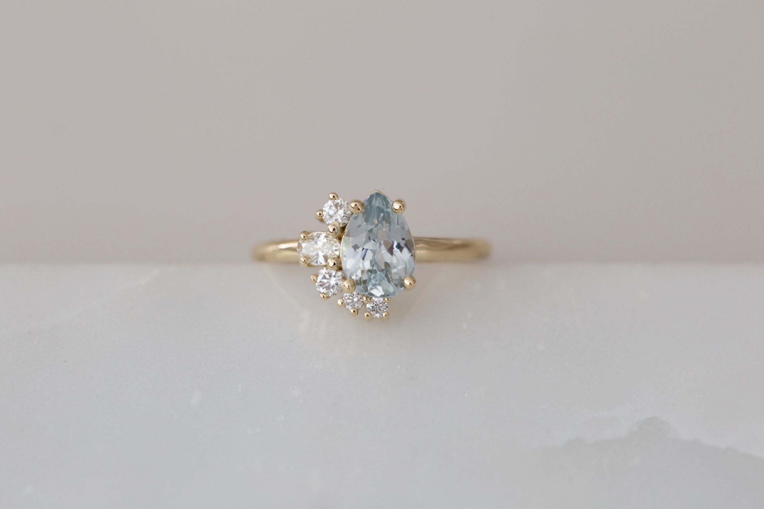 Evaline Ring | Pear Cut Sapphire Asymmetrical Diamond Cluster | 14k Recycled Gold | One of a Kind