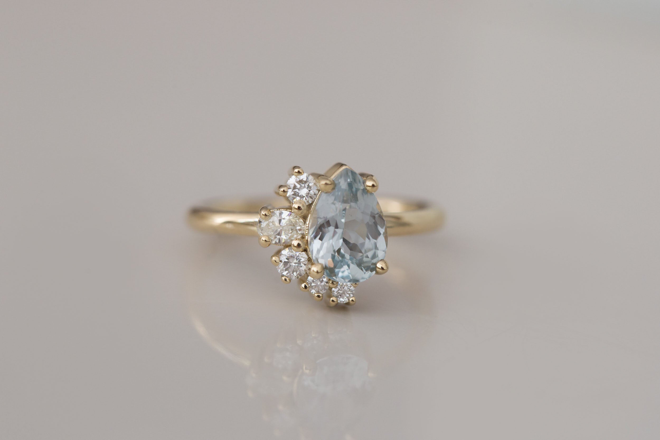 Evaline Ring | Pear Cut Sapphire Asymmetrical Diamond Cluster | 14k Recycled Gold | One of a Kind
