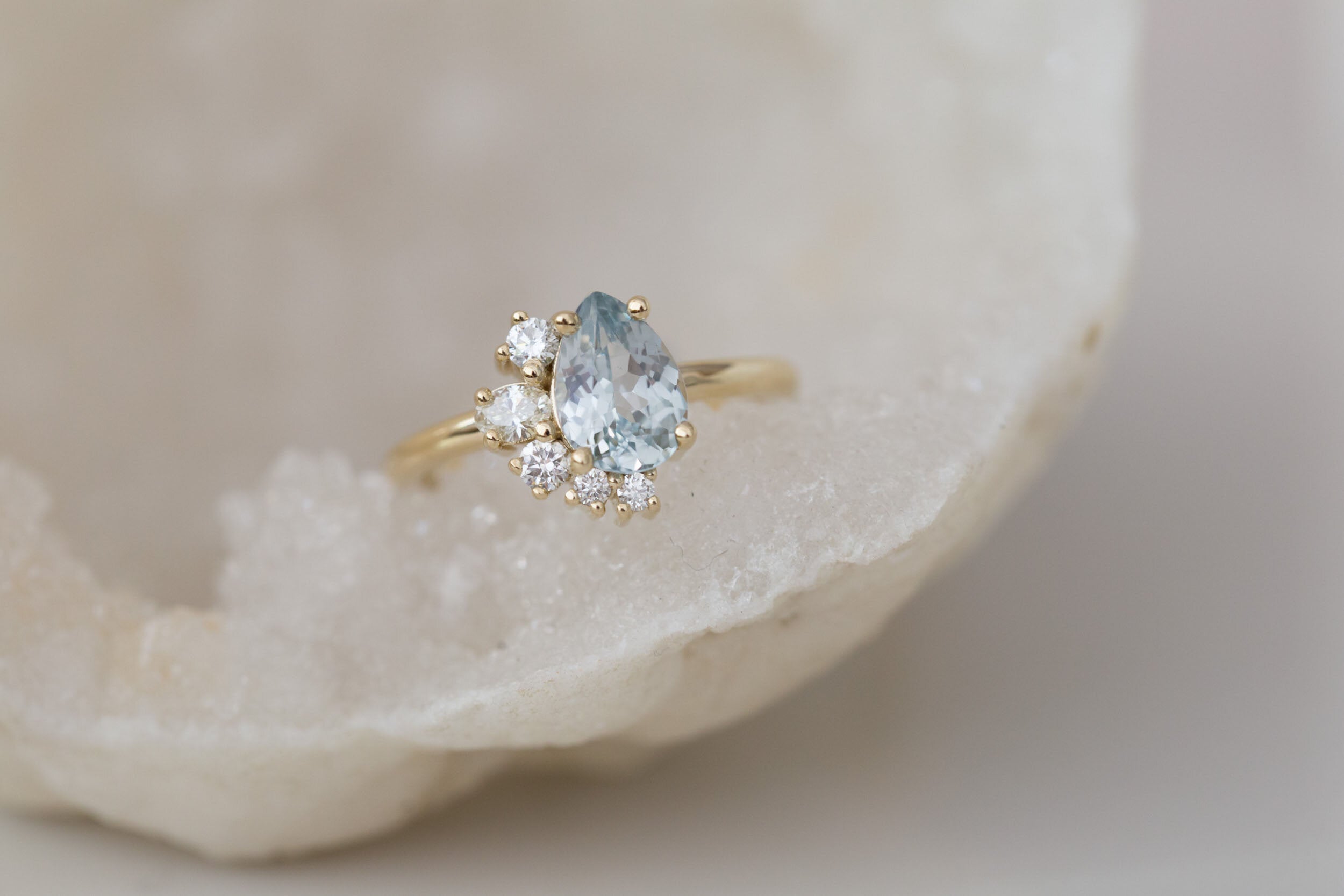 Evaline Ring | Pear Cut Sapphire Asymmetrical Diamond Cluster | 14k Recycled Gold | One of a Kind