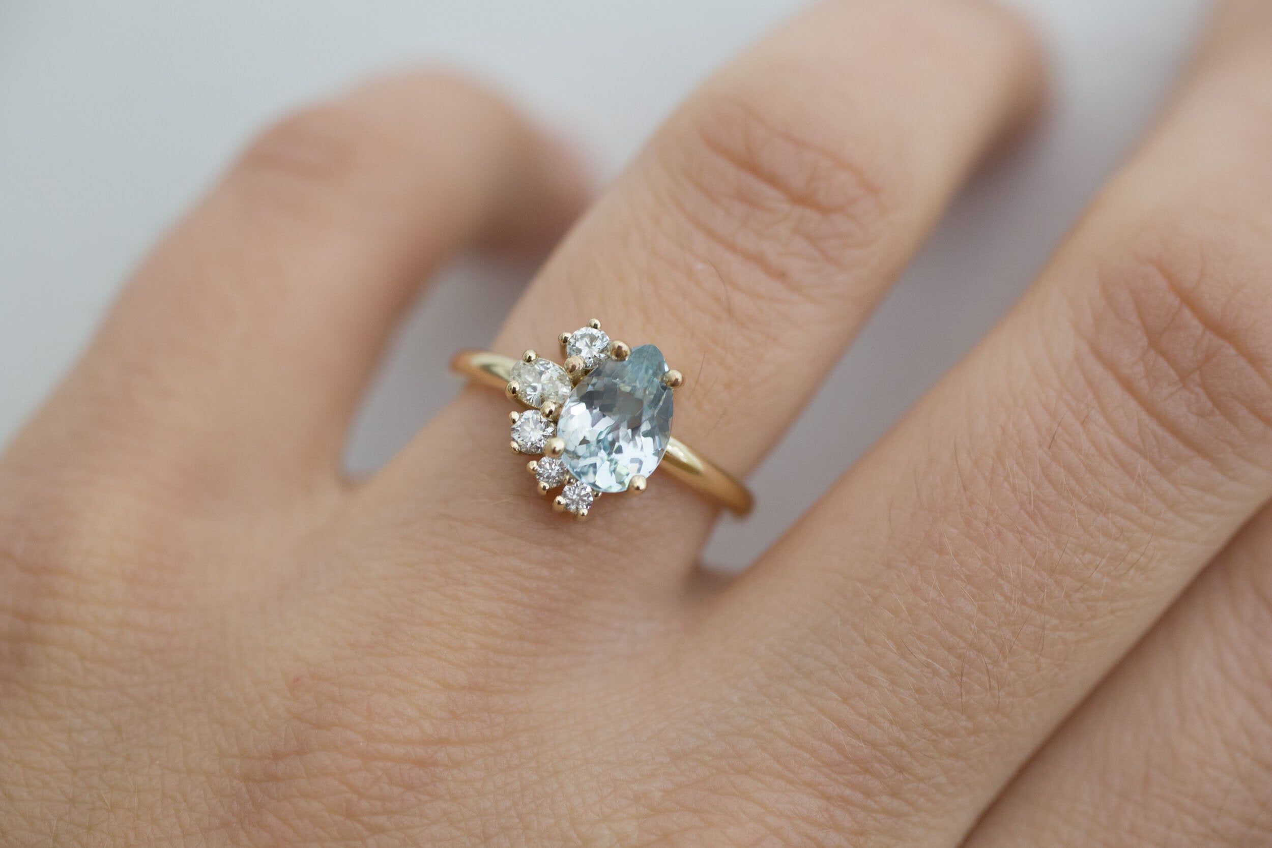 Evaline Ring | Pear Cut Sapphire Asymmetrical Diamond Cluster | 14k Recycled Gold | One of a Kind