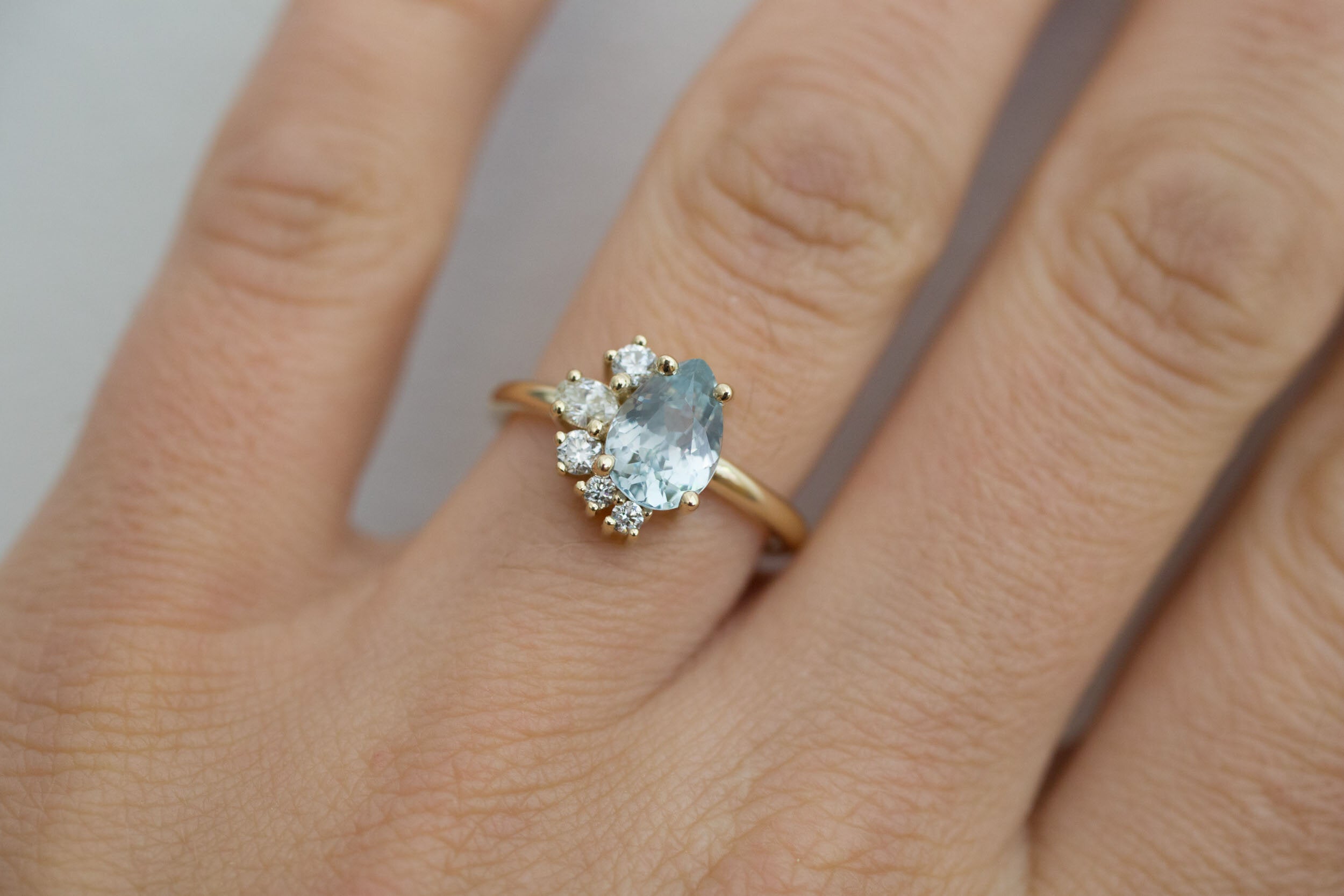 Evaline Ring | Pear Cut Sapphire Asymmetrical Diamond Cluster | 14k Recycled Gold | One of a Kind
