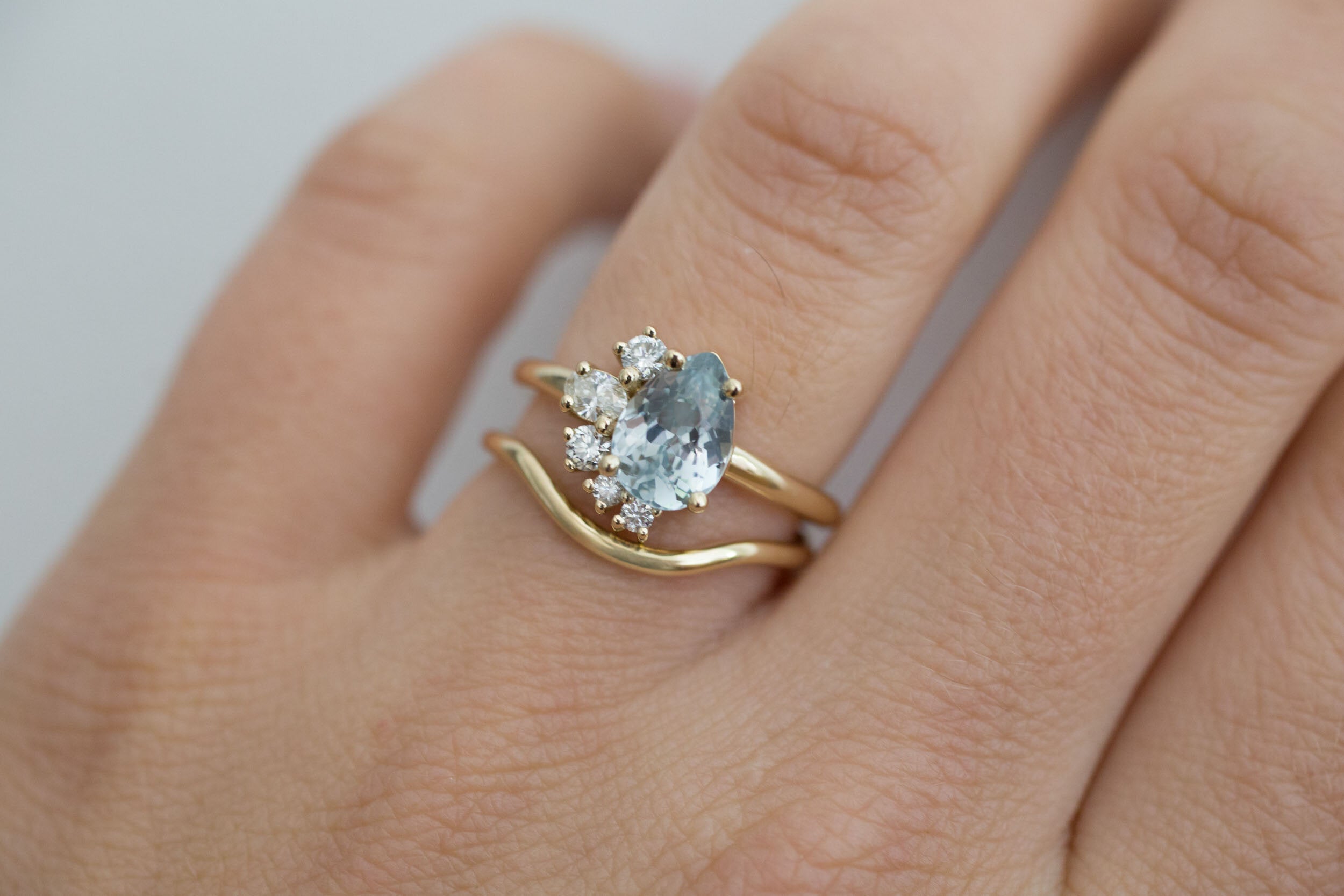 Evaline Ring | Pear Cut Sapphire Asymmetrical Diamond Cluster | 14k Recycled Gold | One of a Kind