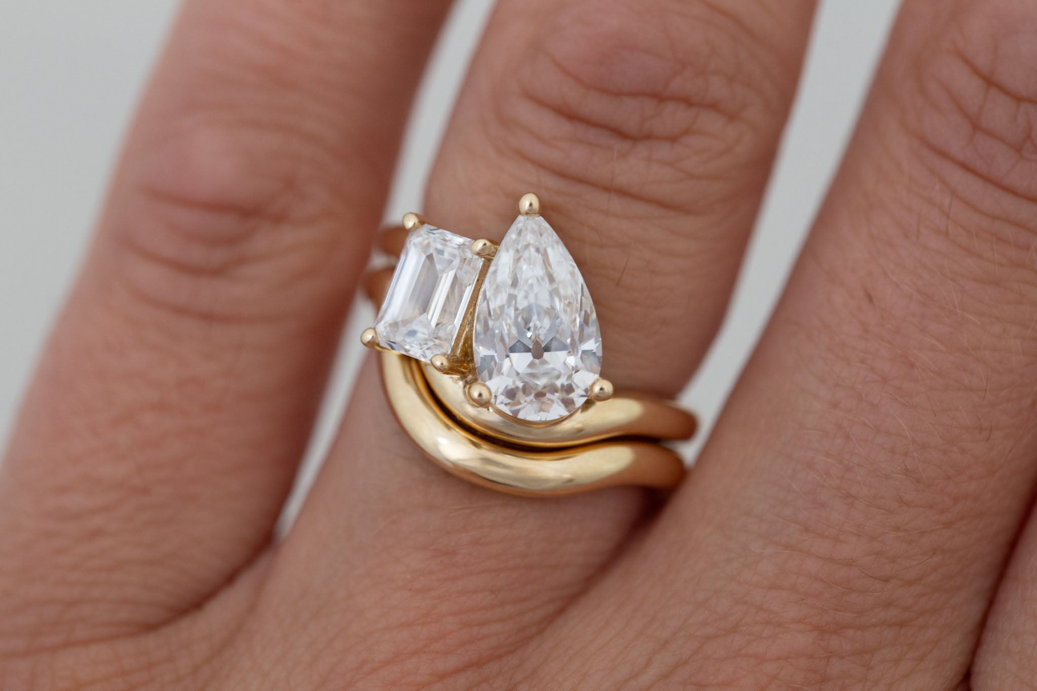 Townes Ring | Lab Pear Cut + Emerald Cut Diamond Curved Band Engagement Ring + Wedding Band Set 2.35 ct | 14k Recycled Gold | One of a Kind