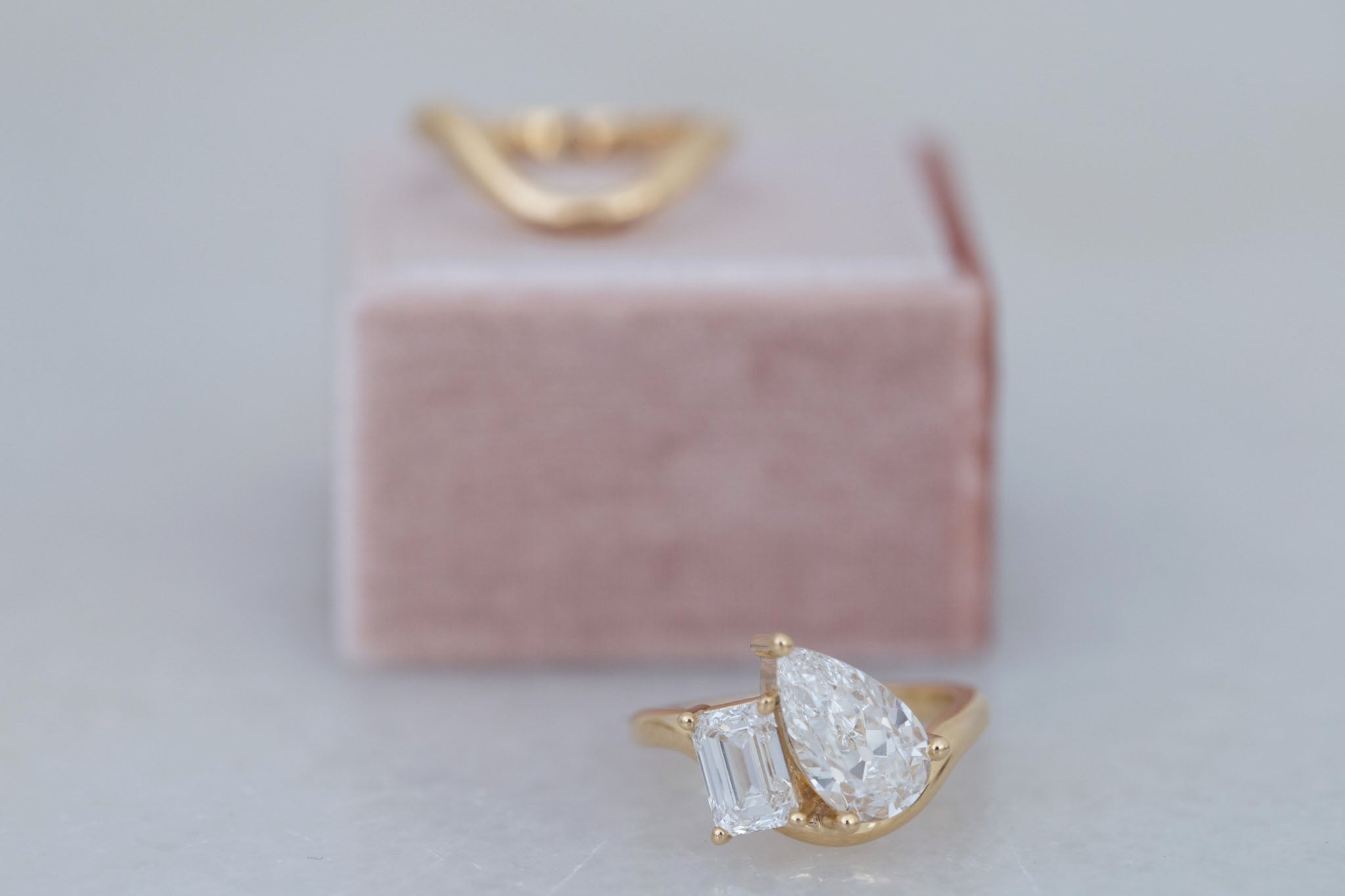 Townes Ring | Lab Pear Cut + Emerald Cut Diamond Curved Band Engagement Ring + Wedding Band Set 2.35 ct | 14k Recycled Gold | One of a Kind