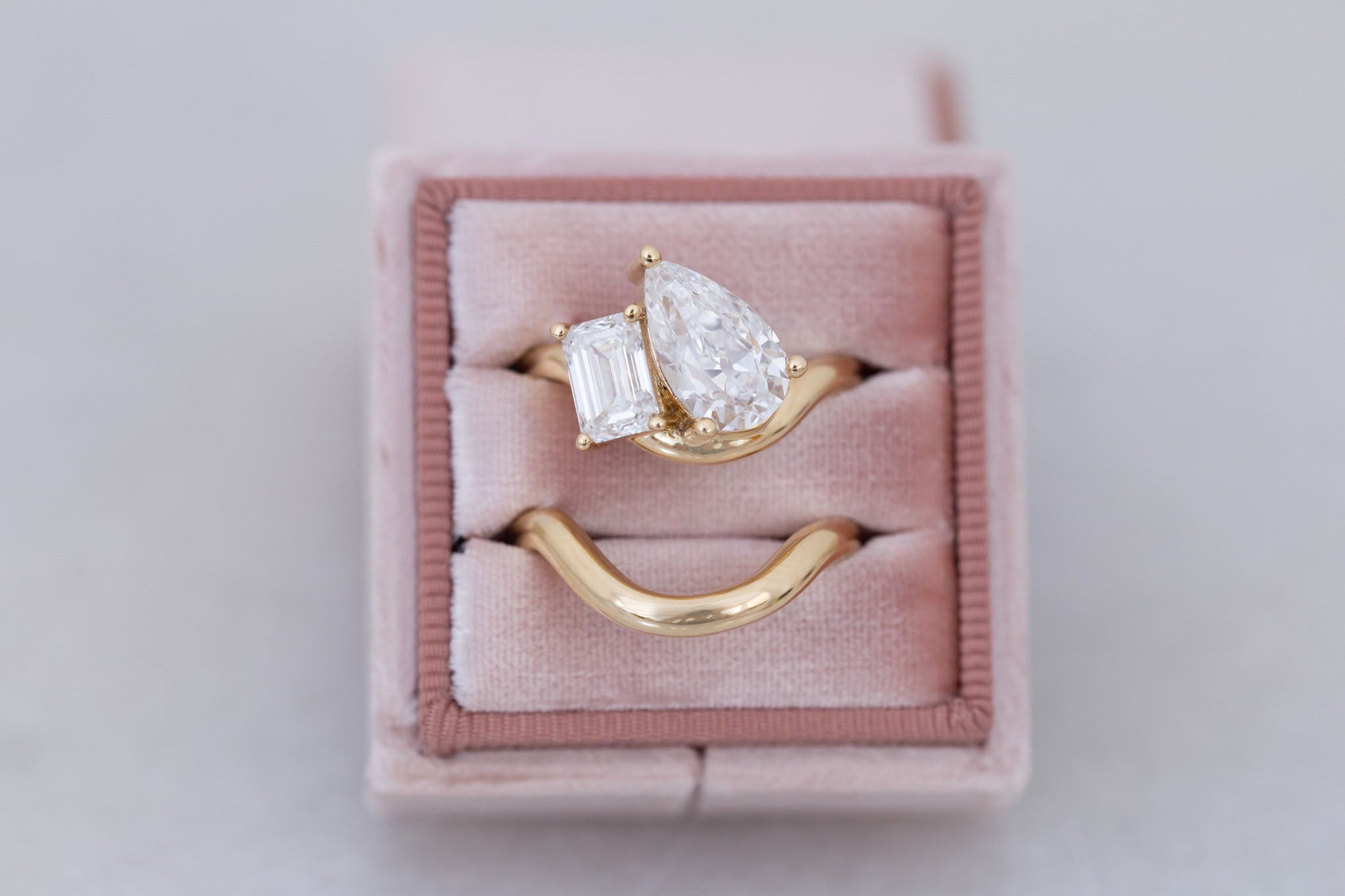 Townes Ring | Lab Pear Cut + Emerald Cut Diamond Curved Band Engagement Ring + Wedding Band Set 2.35 ct | 14k Recycled Gold | One of a Kind