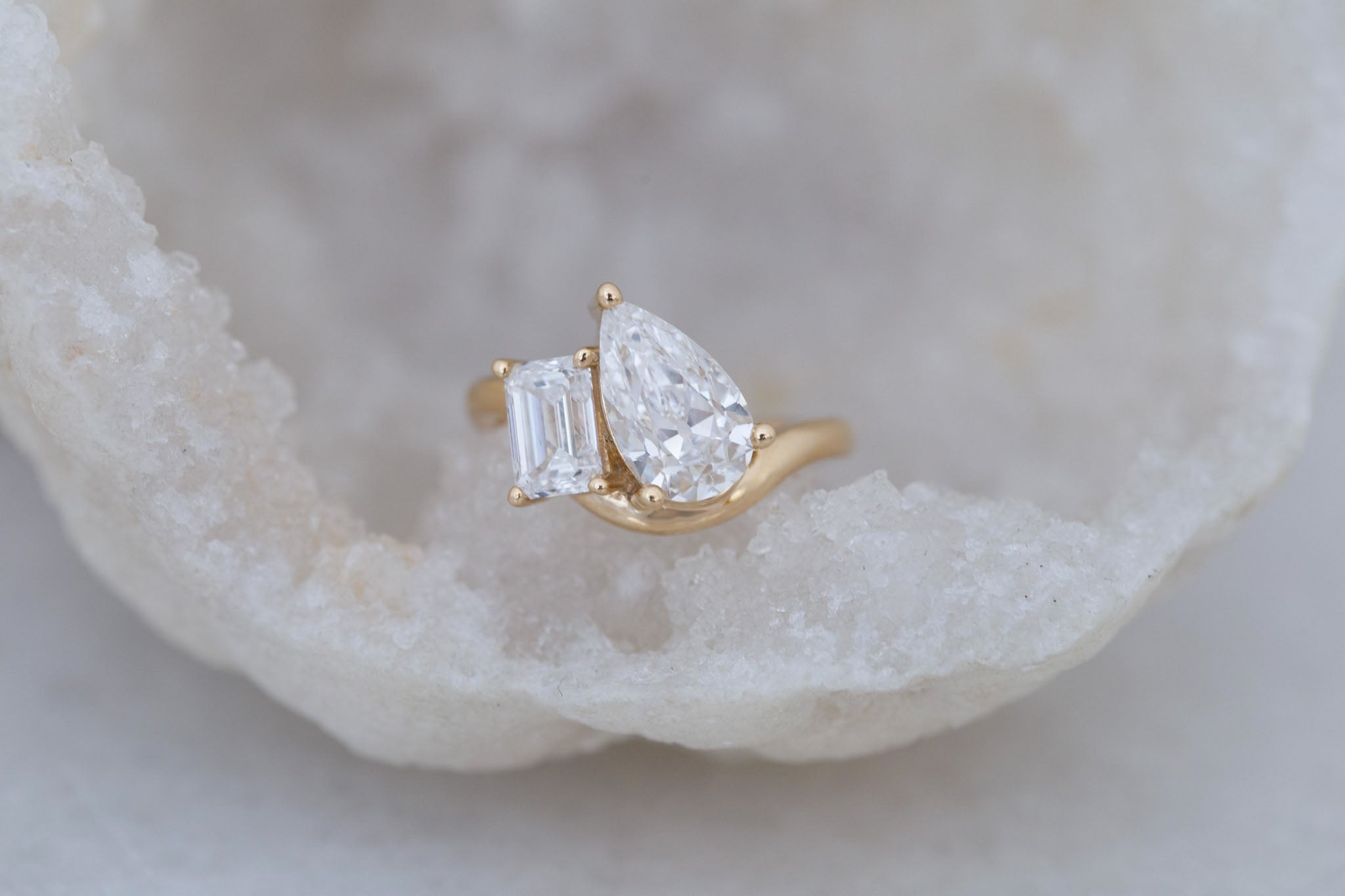 Townes Ring | Lab Pear Cut + Emerald Cut Diamond Curved Band Engagement Ring + Wedding Band Set 2.35 ct | 14k Recycled Gold | One of a Kind