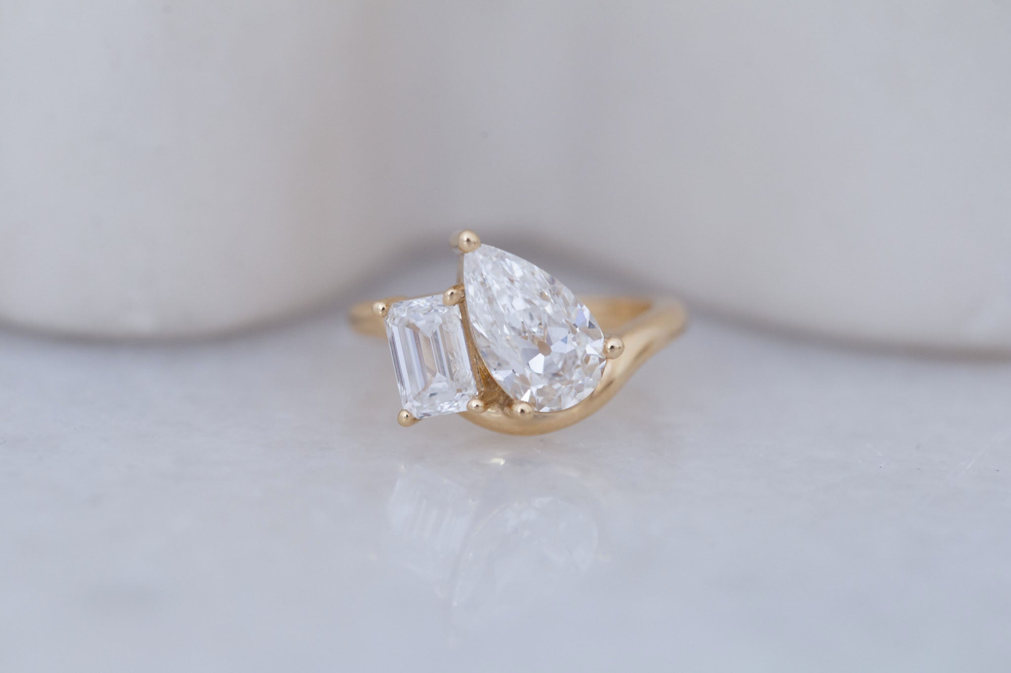 Townes Ring | Lab Pear Cut + Emerald Cut Diamond Curved Band Engagement Ring + Wedding Band Set 2.35 ct | 14k Recycled Gold | One of a Kind