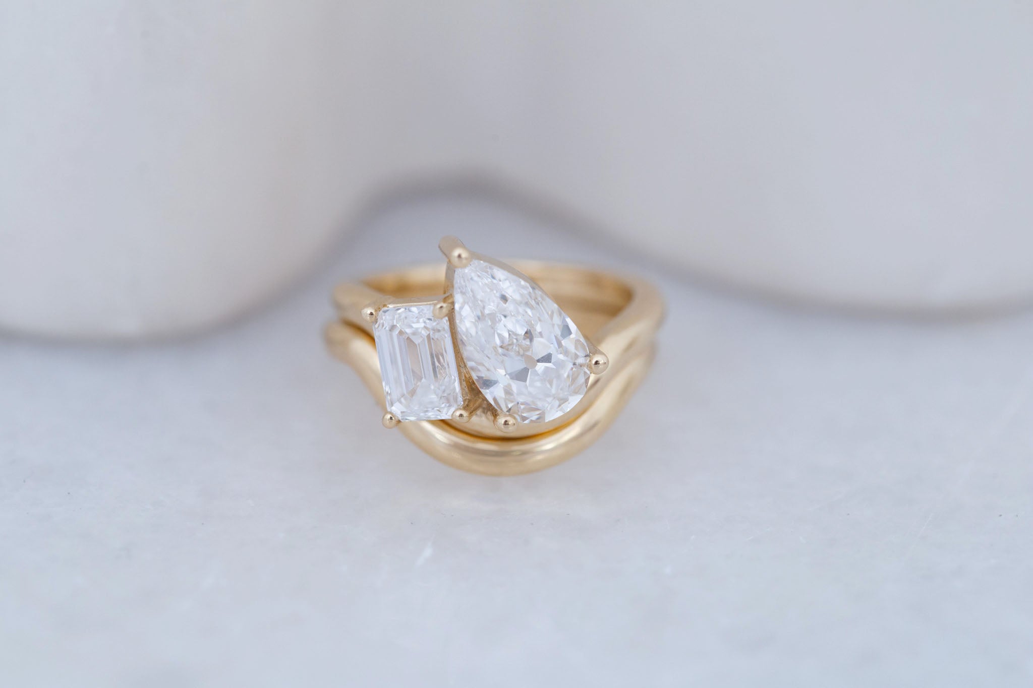 Townes Ring | Lab Pear Cut + Emerald Cut Diamond Curved Band Engagement Ring + Wedding Band Set 2.35 ct | 14k Recycled Gold | One of a Kind