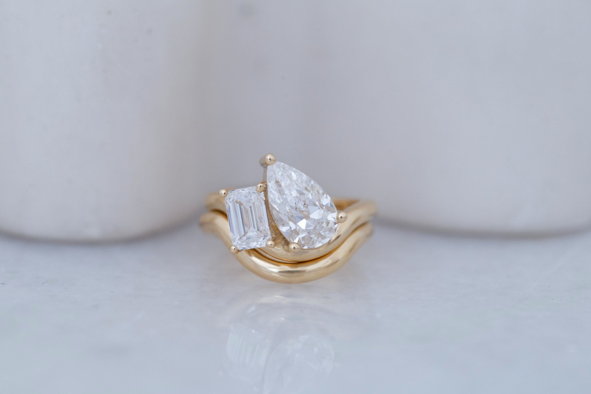 Townes Ring | Lab Pear Cut + Emerald Cut Diamond Curved Band Engagement Ring + Wedding Band Set 2.35 ct | 14k Recycled Gold | One of a Kind