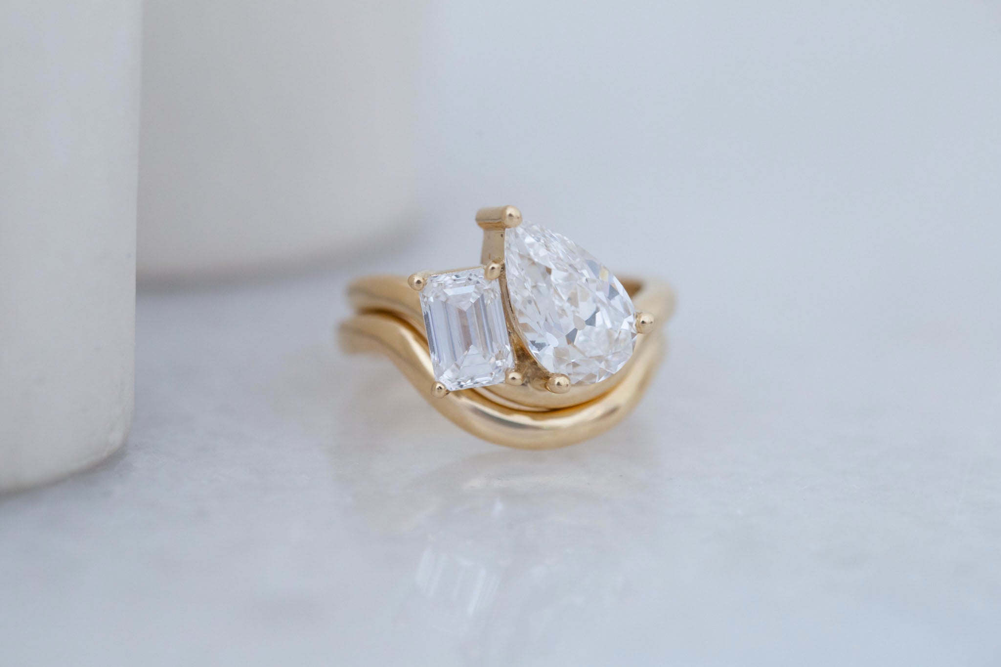 Townes Ring | Lab Pear Cut + Emerald Cut Diamond Curved Band Engagement Ring + Wedding Band Set 2.35 ct | 14k Recycled Gold | One of a Kind