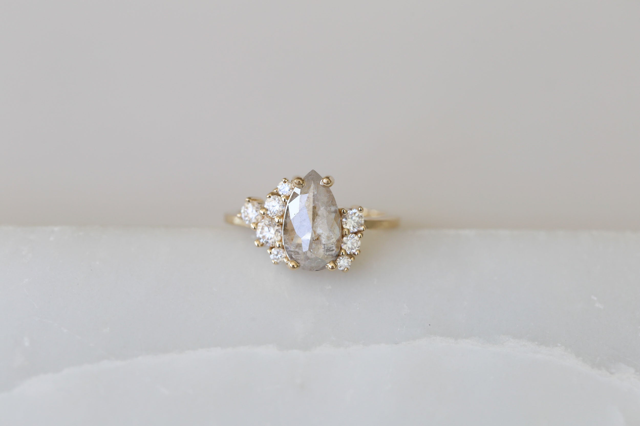 Silvery Grey Pear Rose Cut Diamond + Round Diamond Cluster Engagement Ring | 14k Yellow Gold | One of a Kind