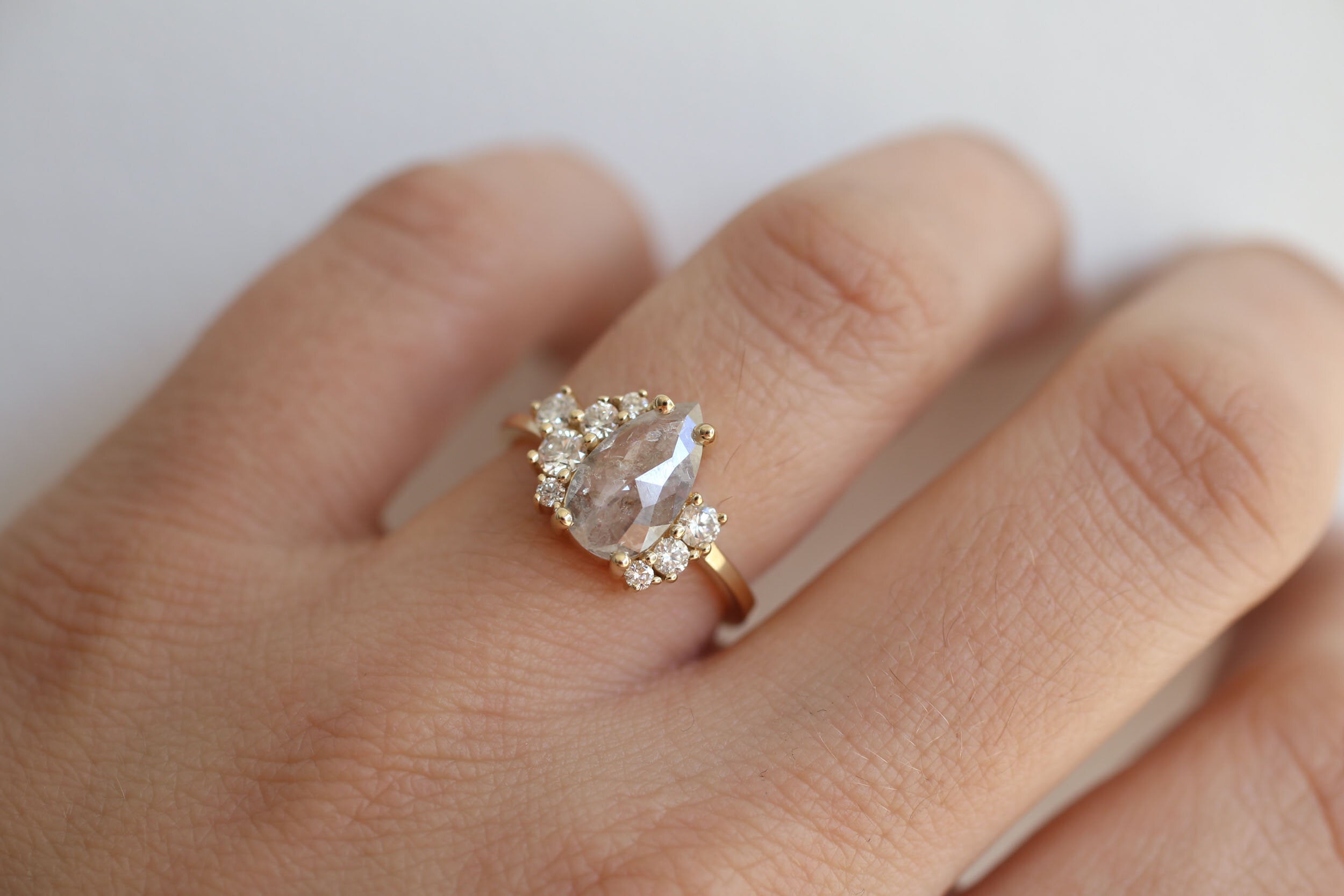 Silvery Grey Pear Rose Cut Diamond + Round Diamond Cluster Engagement Ring | 14k Yellow Gold | One of a Kind