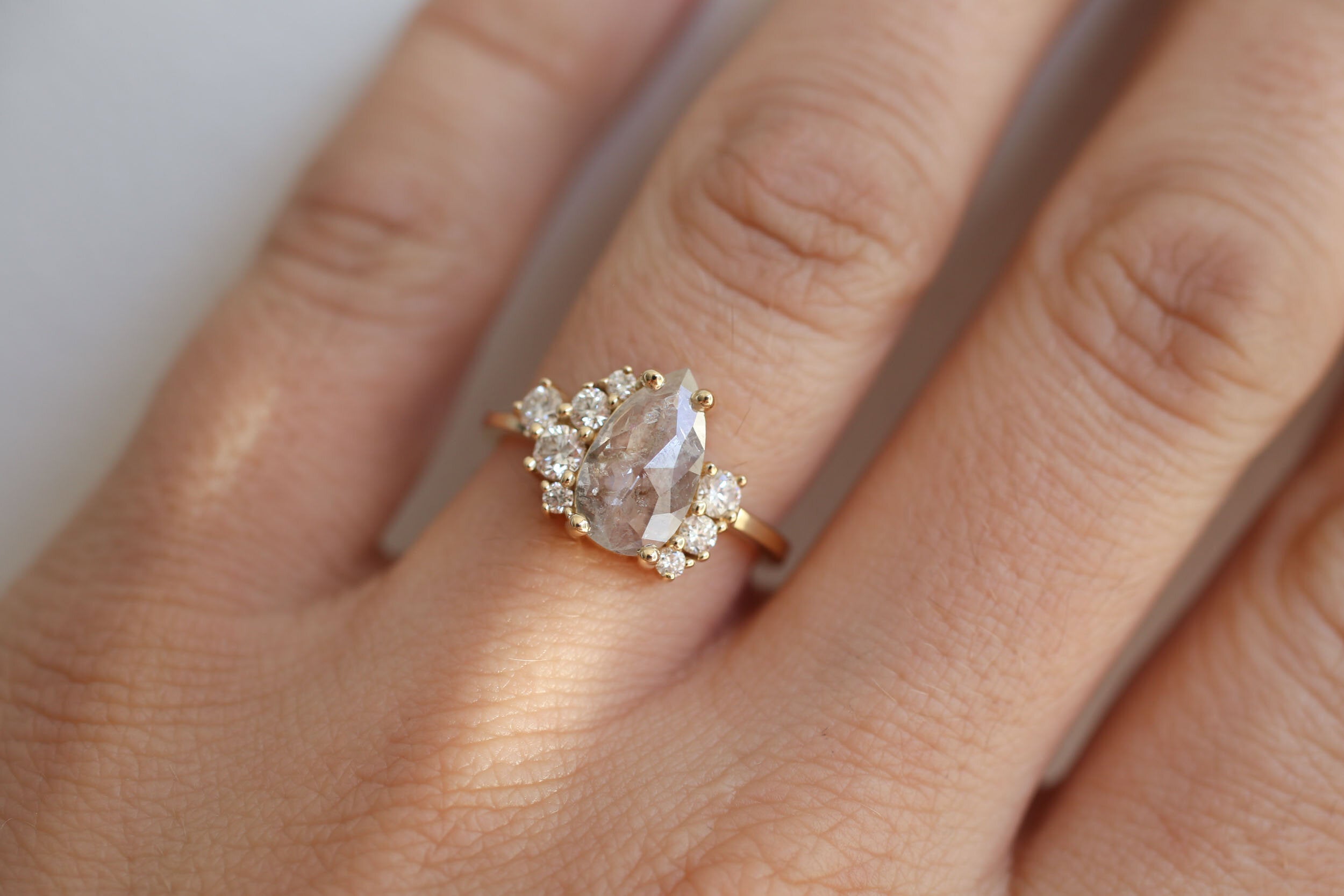 Silvery Grey Pear Rose Cut Diamond + Round Diamond Cluster Engagement Ring | 14k Yellow Gold | One of a Kind