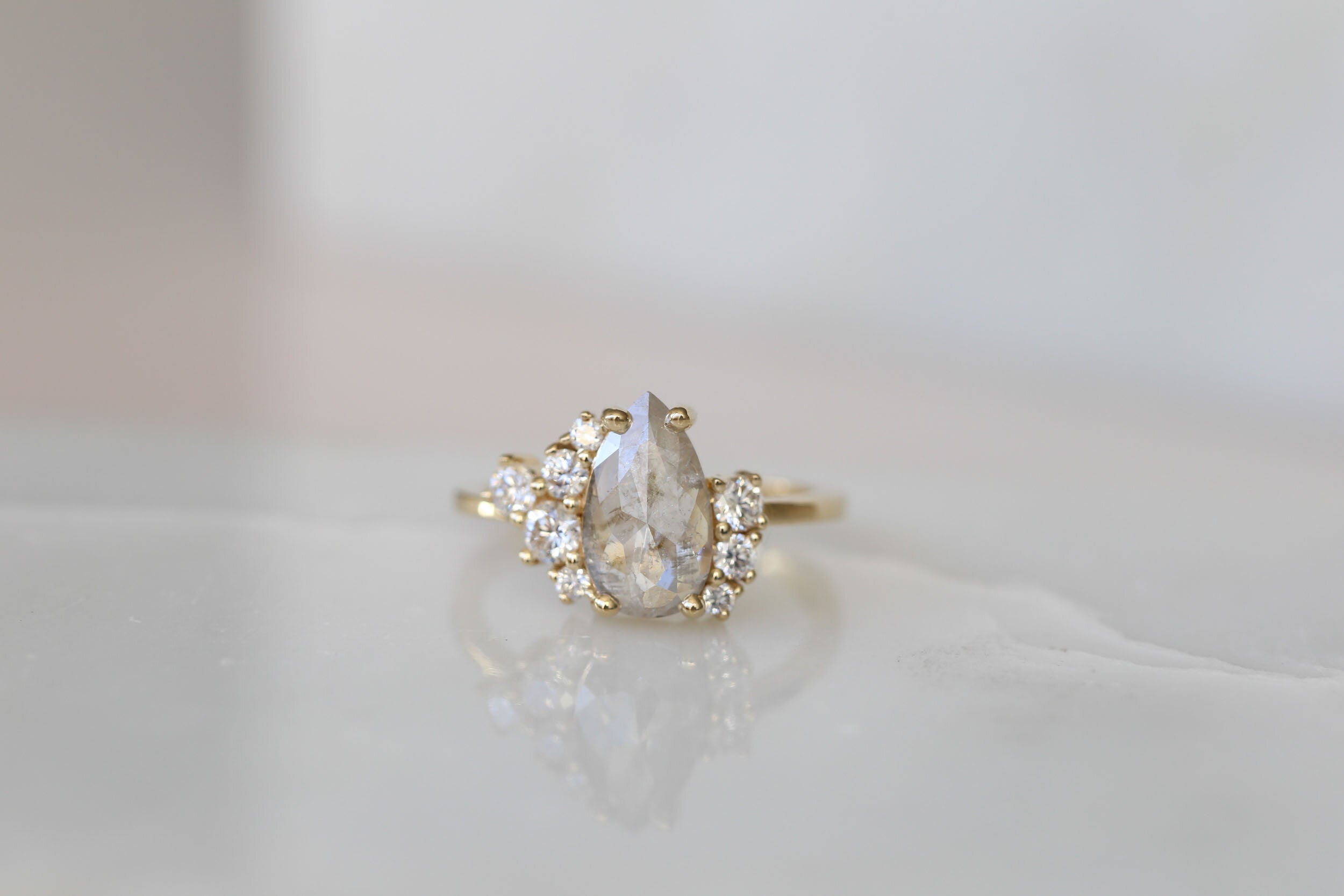 Silvery Grey Pear Rose Cut Diamond + Round Diamond Cluster Engagement Ring | 14k Yellow Gold | One of a Kind