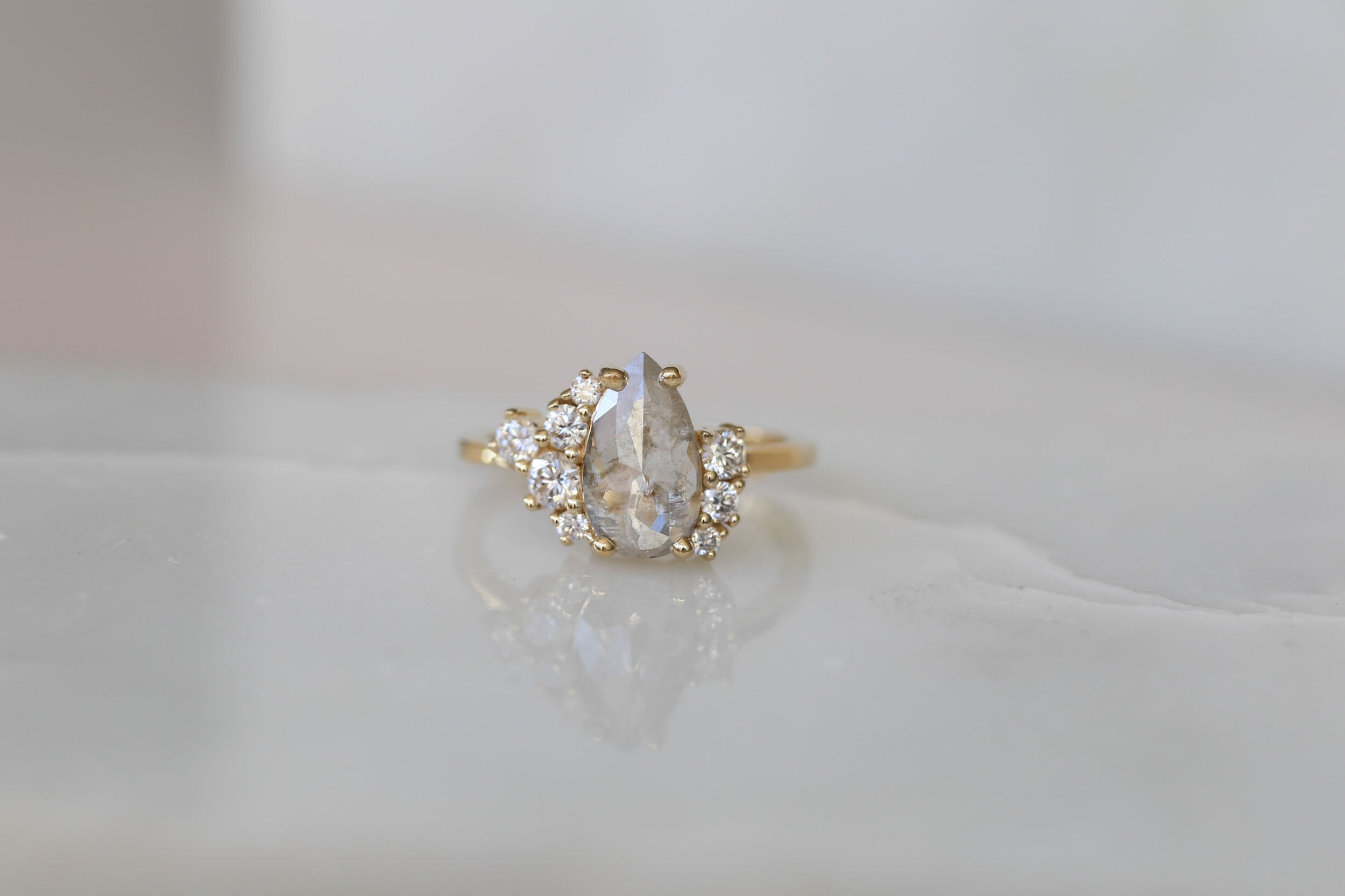 Silvery Grey Pear Rose Cut Diamond + Round Diamond Cluster Engagement Ring | 14k Yellow Gold | One of a Kind