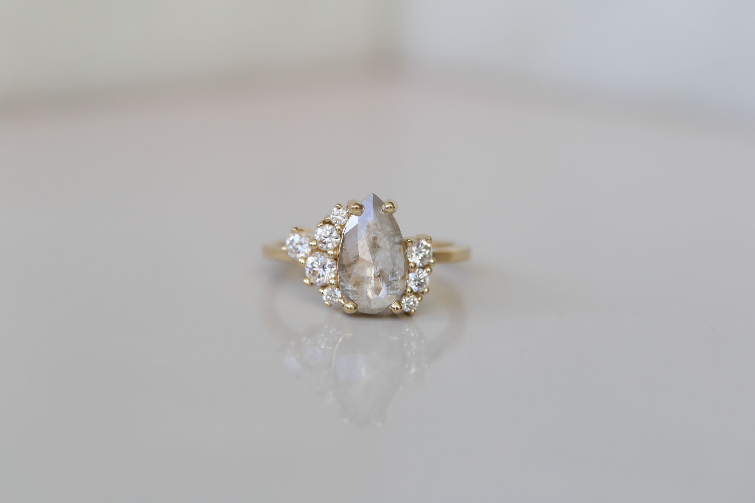 Silvery Grey Pear Rose Cut Diamond + Round Diamond Cluster Engagement Ring | 14k Yellow Gold | One of a Kind