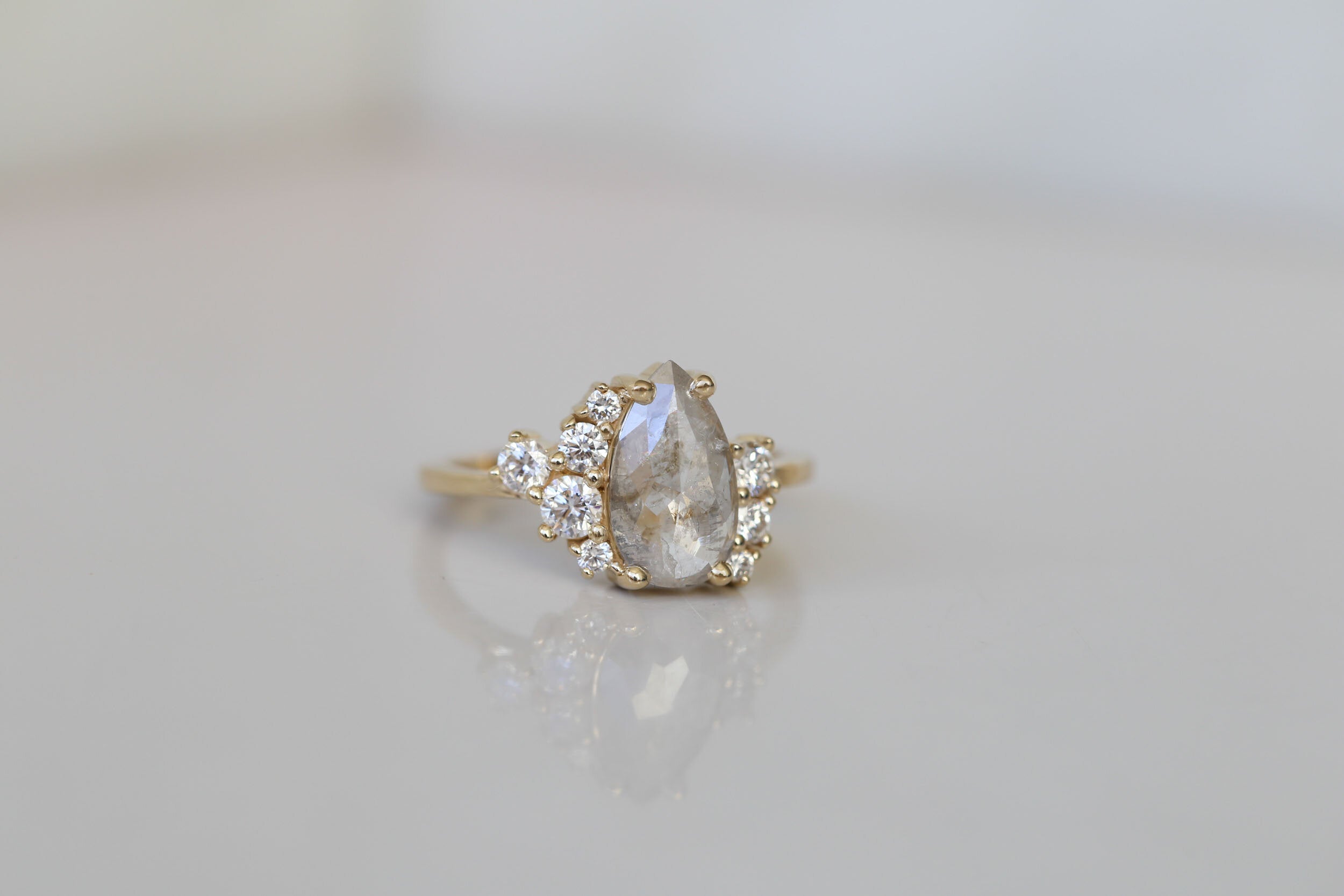 Silvery Grey Pear Rose Cut Diamond + Round Diamond Cluster Engagement Ring | 14k Yellow Gold | One of a Kind
