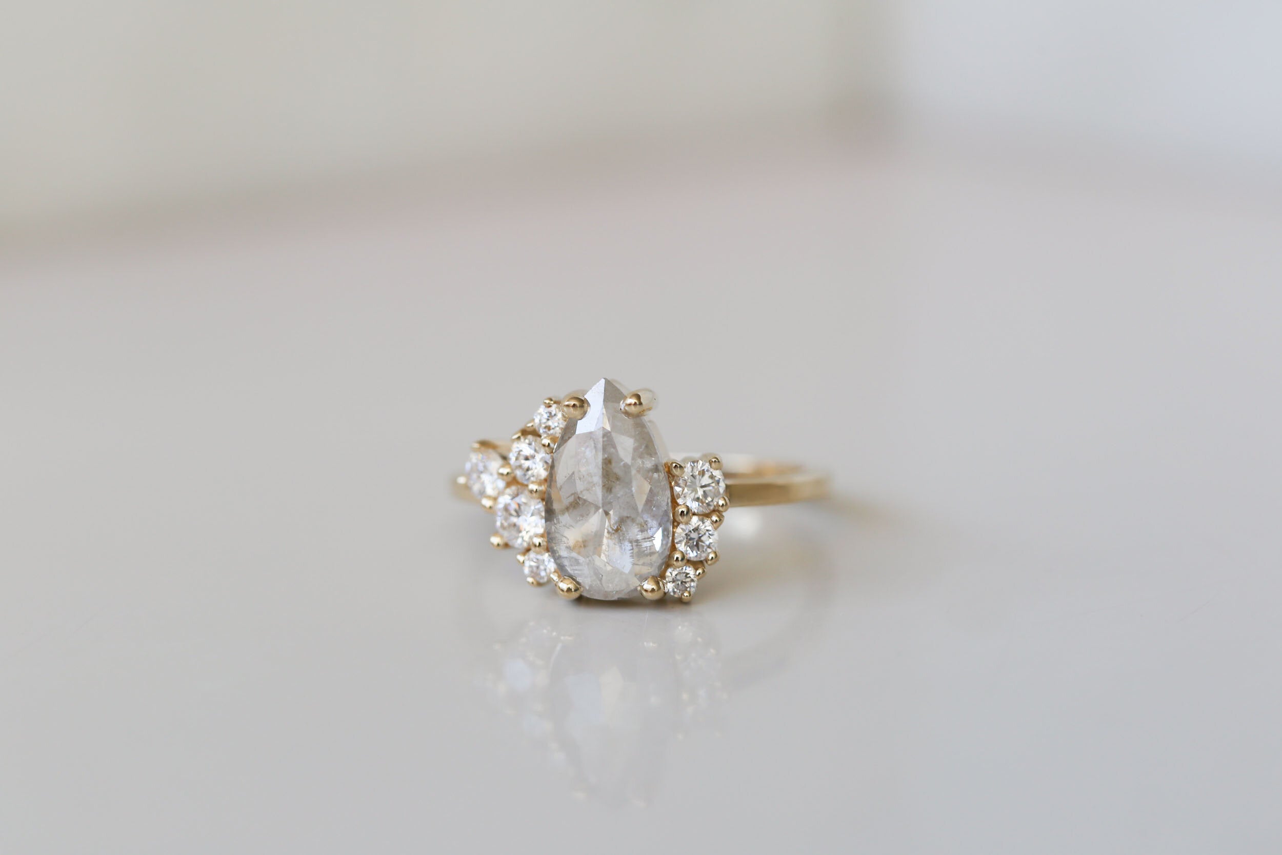 Silvery Grey Pear Rose Cut Diamond + Round Diamond Cluster Engagement Ring | 14k Yellow Gold | One of a Kind