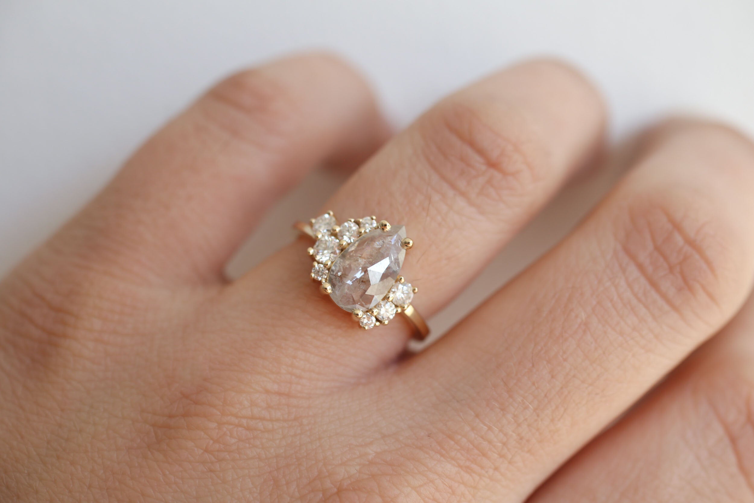 Silvery Grey Pear Rose Cut Diamond + Round Diamond Cluster Engagement Ring | 14k Yellow Gold | One of a Kind