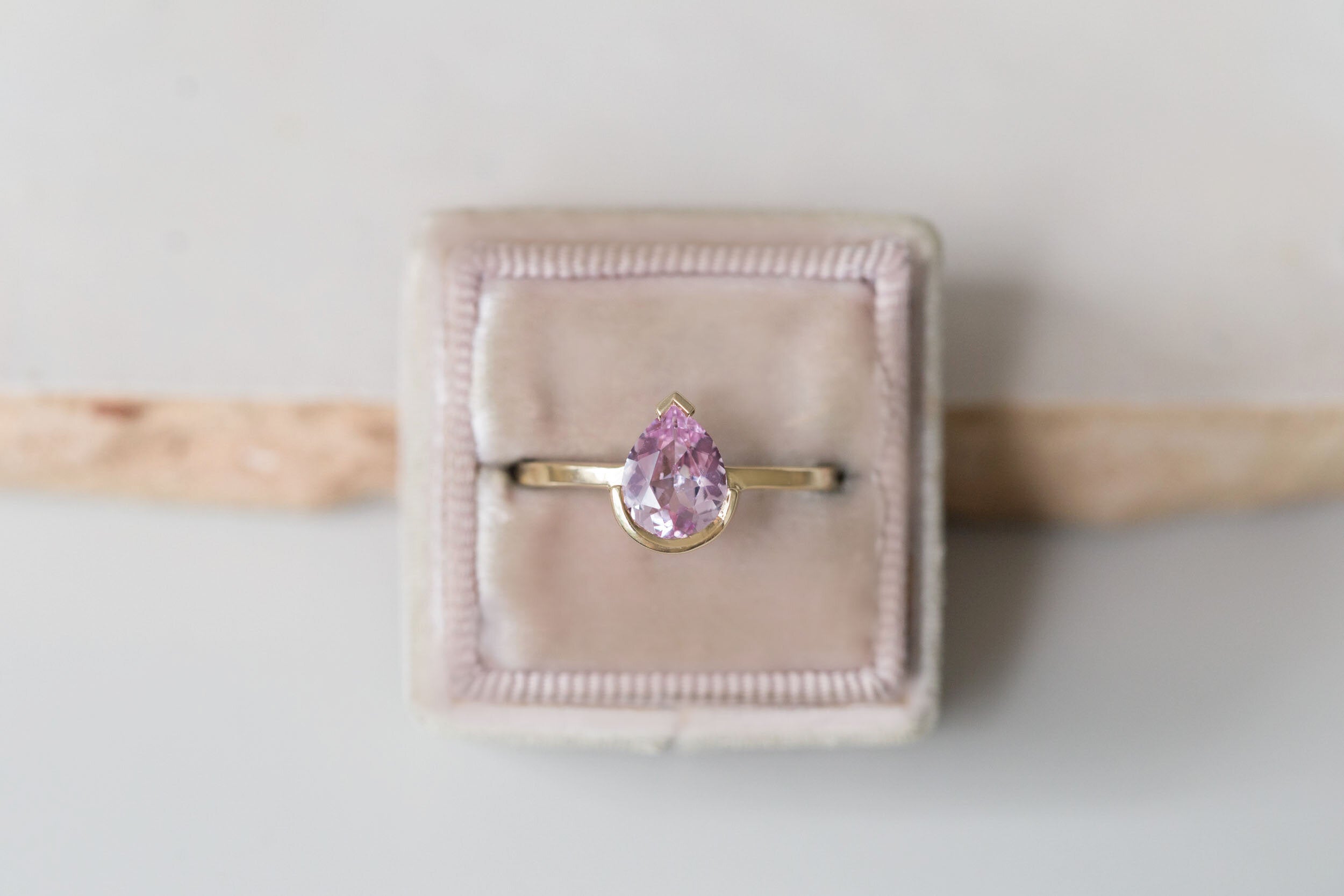 Varda Ring | Pink Pear Sapphire + Half Bezel Solitaire Engagement Ring 1.21 ct | 14k Recycled Gold | One of a Kind