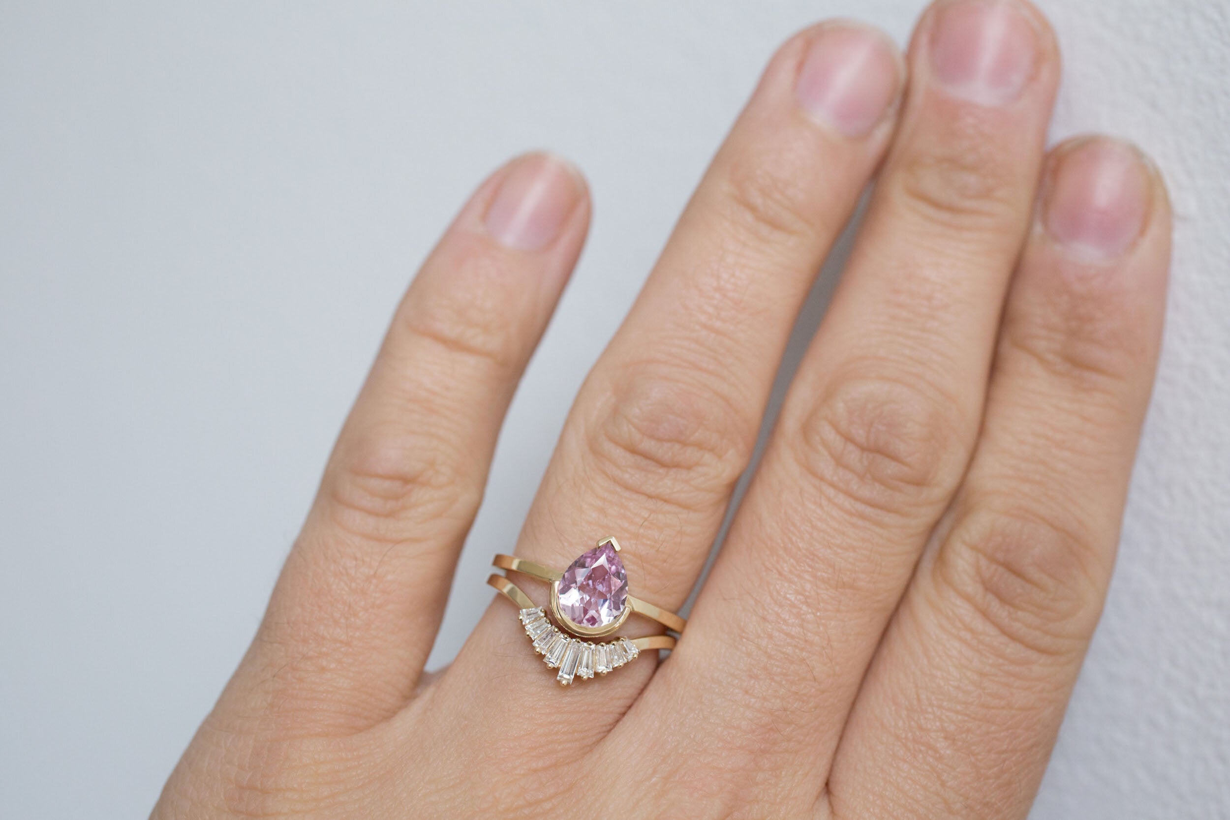 Varda Ring | Pink Pear Sapphire + Half Bezel Solitaire Engagement Ring 1.21 ct | 14k Recycled Gold | One of a Kind