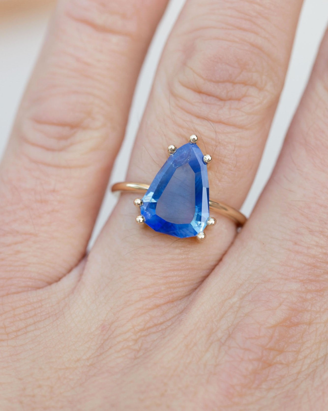 Mesa Ring | Portrait Cut Geometric Pear Sapphire Solitaire Engagement Ring 3.41 ct | 14k Recycled Gold | One of a Kind