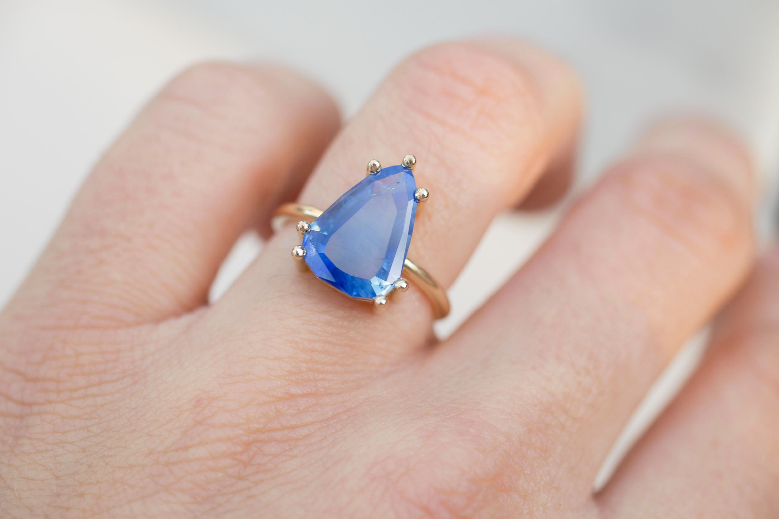 Mesa Ring | Portrait Cut Geometric Pear Sapphire Solitaire Engagement Ring 3.41 ct | 14k Recycled Gold | One of a Kind