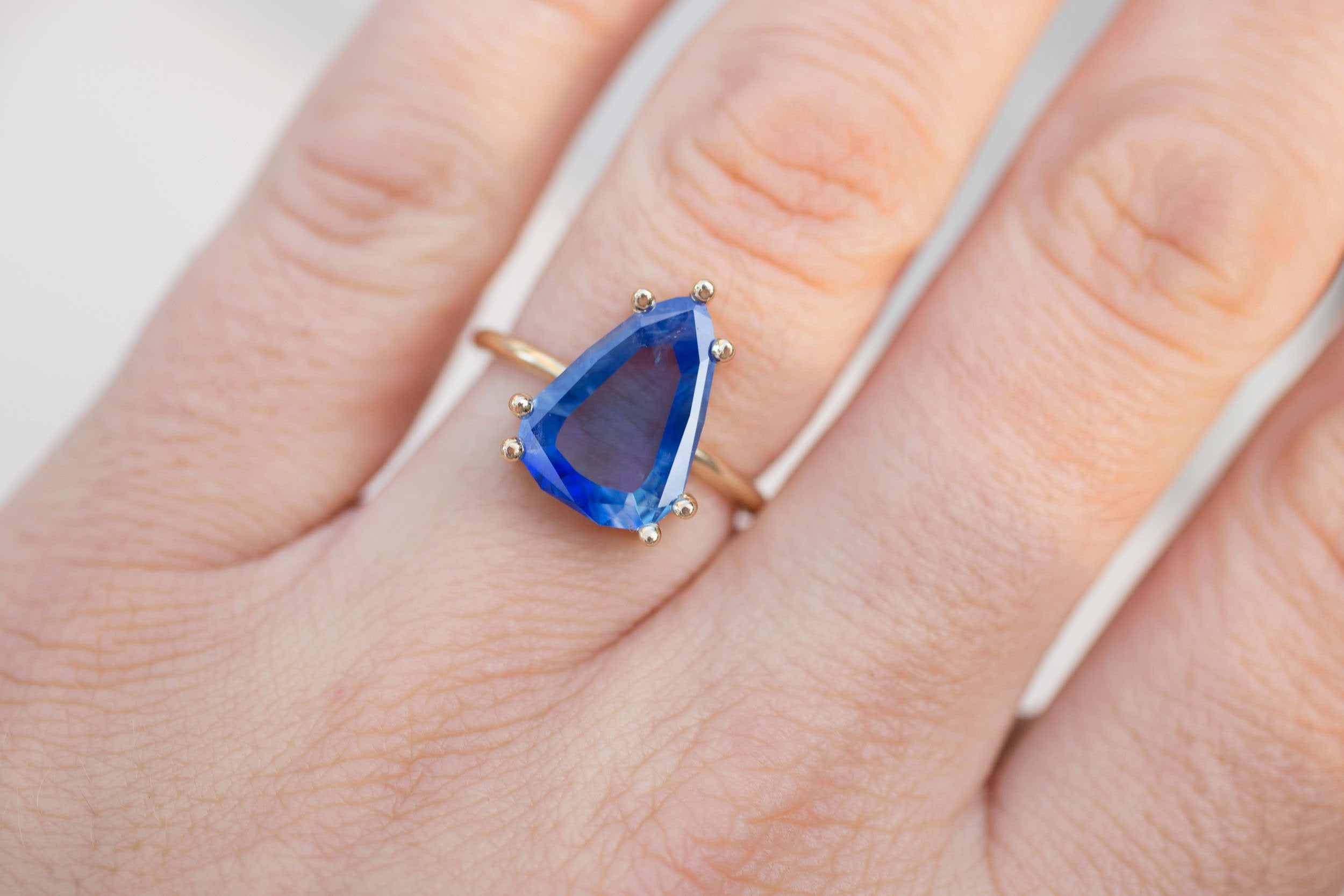 Mesa Ring | Portrait Cut Geometric Pear Sapphire Solitaire Engagement Ring 3.41 ct | 14k Recycled Gold | One of a Kind
