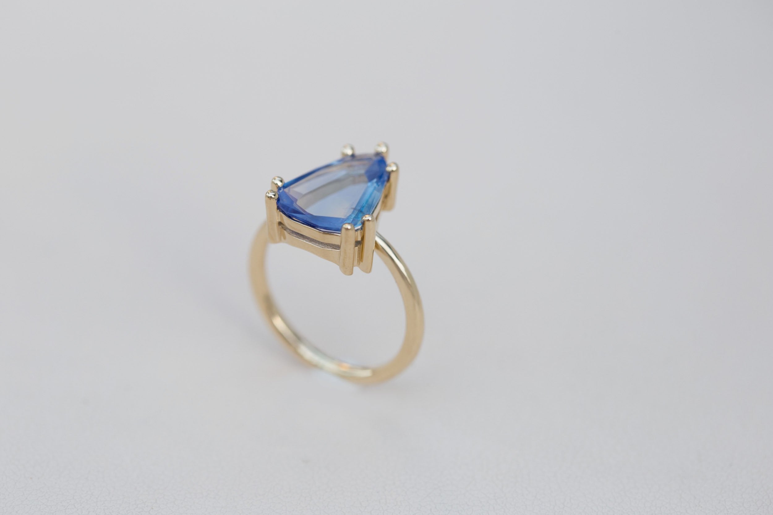 Mesa Ring | Portrait Cut Geometric Pear Sapphire Solitaire Engagement Ring 3.41 ct | 14k Recycled Gold | One of a Kind