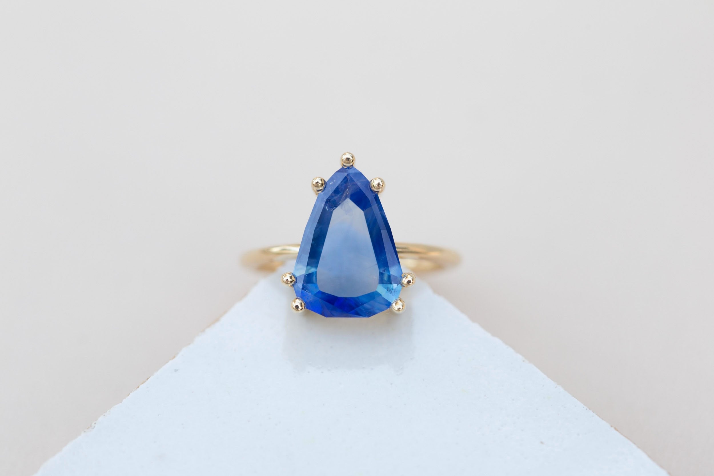 Mesa Ring | Portrait Cut Geometric Pear Sapphire Solitaire Engagement Ring 3.41 ct | 14k Recycled Gold | One of a Kind