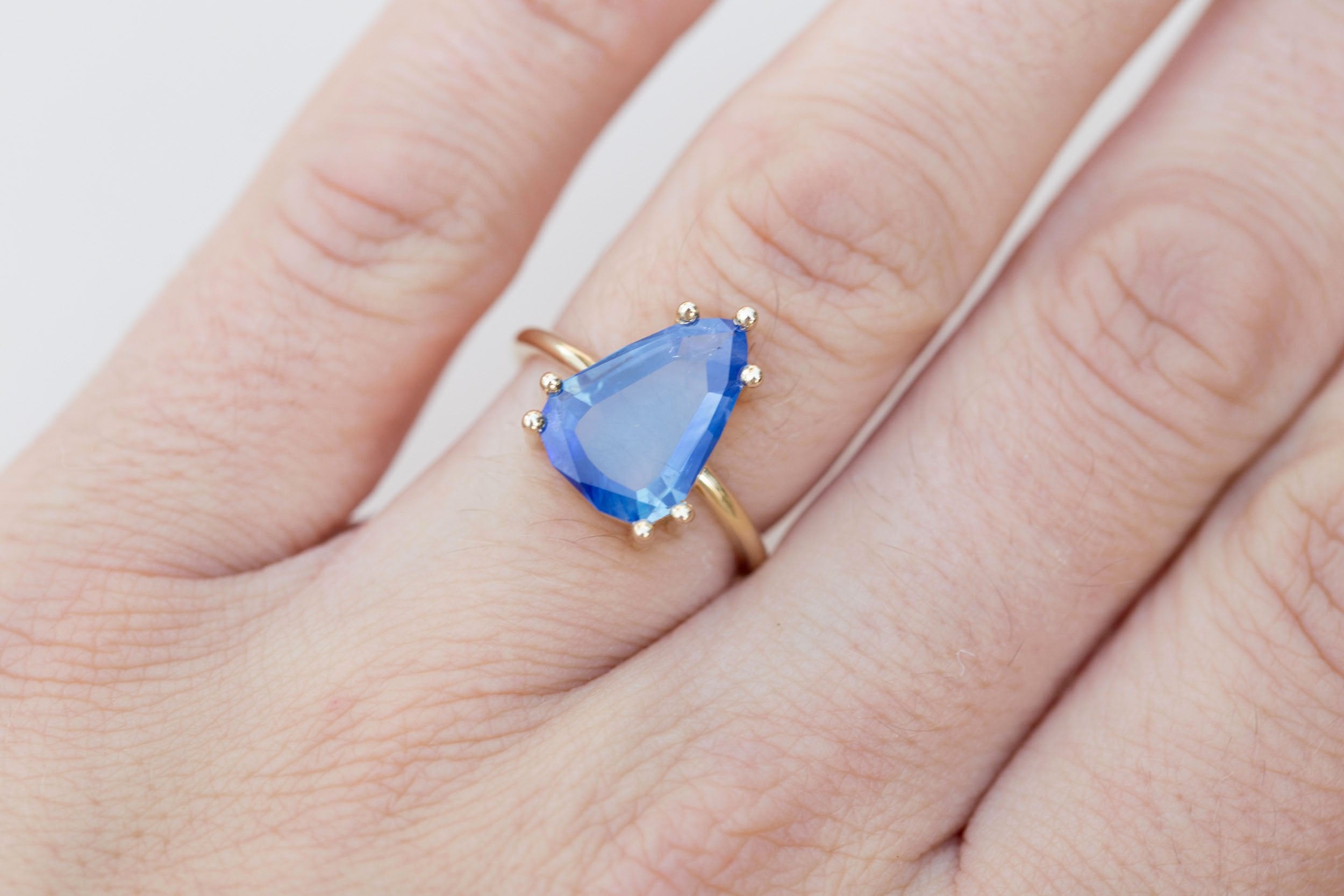 Mesa Ring | Portrait Cut Geometric Pear Sapphire Solitaire Engagement Ring 3.41 ct | 14k Recycled Gold | One of a Kind