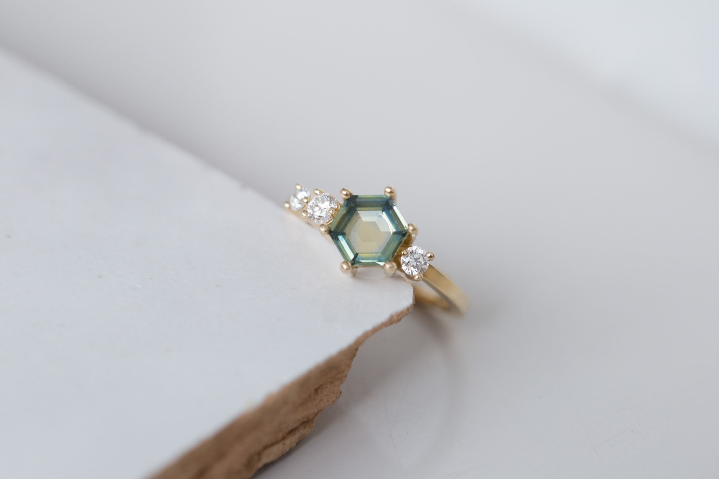 Portrait Cut Hexagon Montana Sapphire + Round Diamond Asymmetrical Engagement Ring | 14k Recycled Gold | One of a Kind