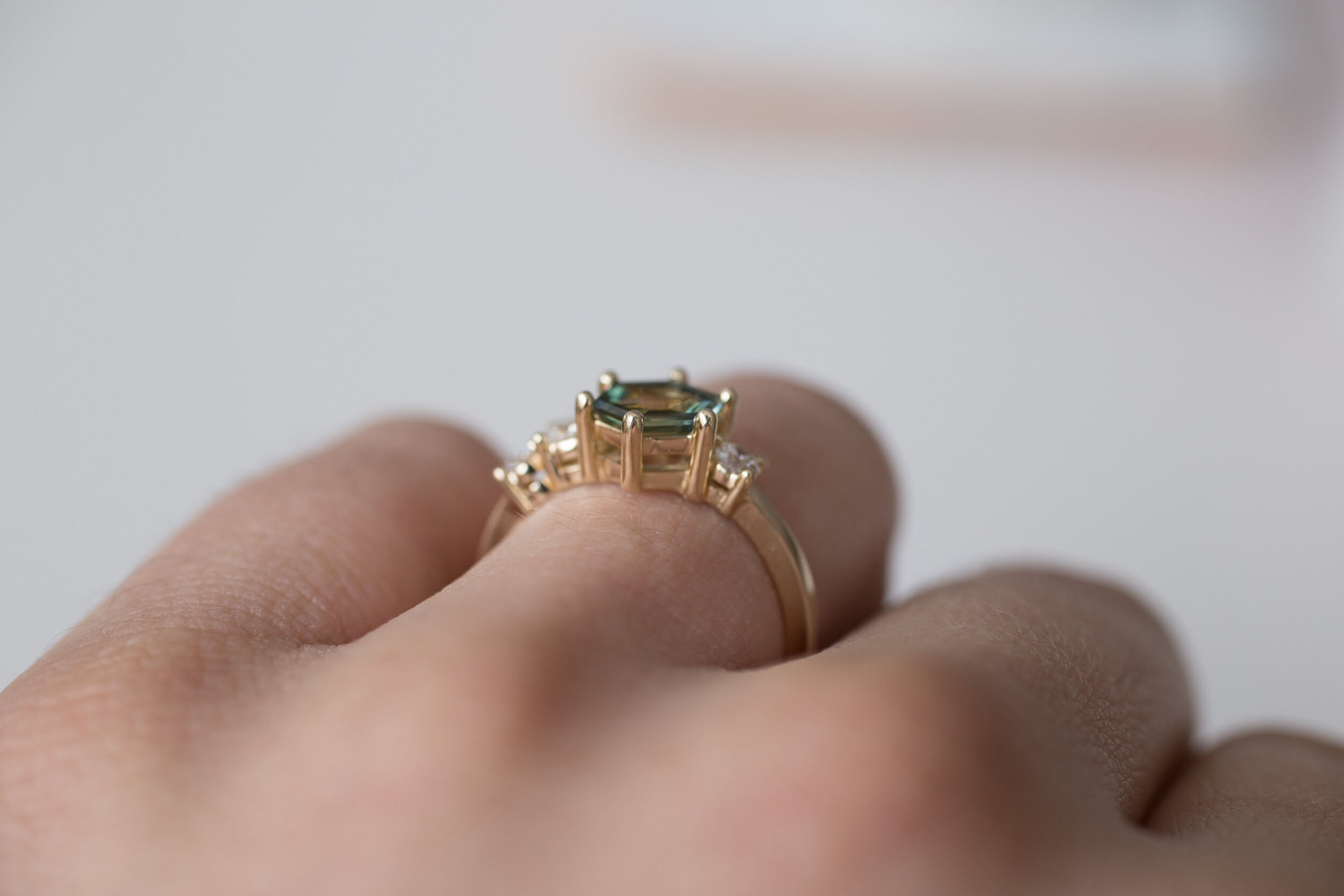 Portrait Cut Hexagon Montana Sapphire + Round Diamond Asymmetrical Engagement Ring | 14k Recycled Gold | One of a Kind