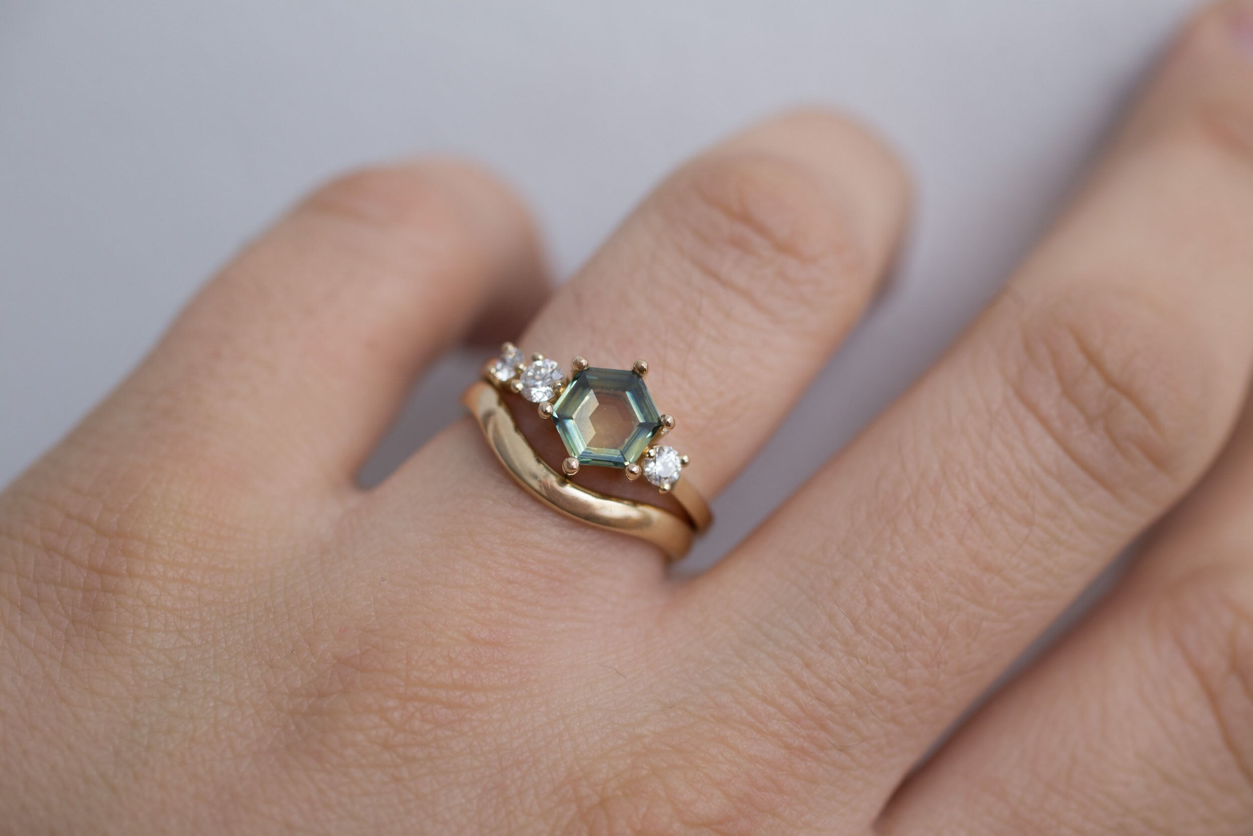 Portrait Cut Hexagon Montana Sapphire + Round Diamond Asymmetrical Engagement Ring | 14k Recycled Gold | One of a Kind