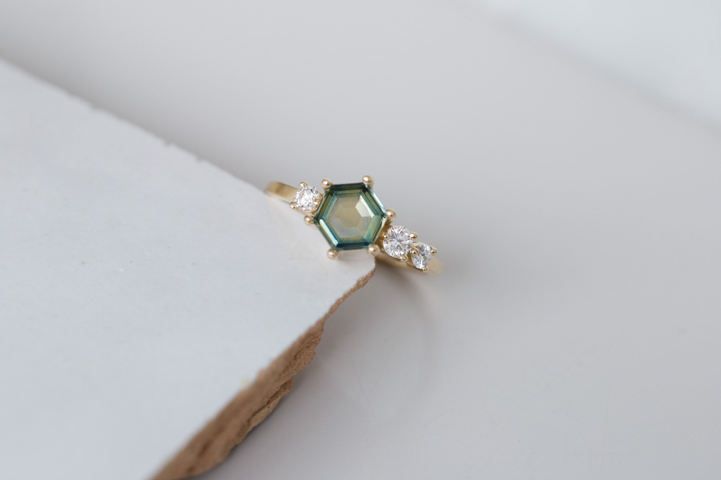 Portrait Cut Hexagon Montana Sapphire + Round Diamond Asymmetrical Engagement Ring | 14k Recycled Gold | One of a Kind