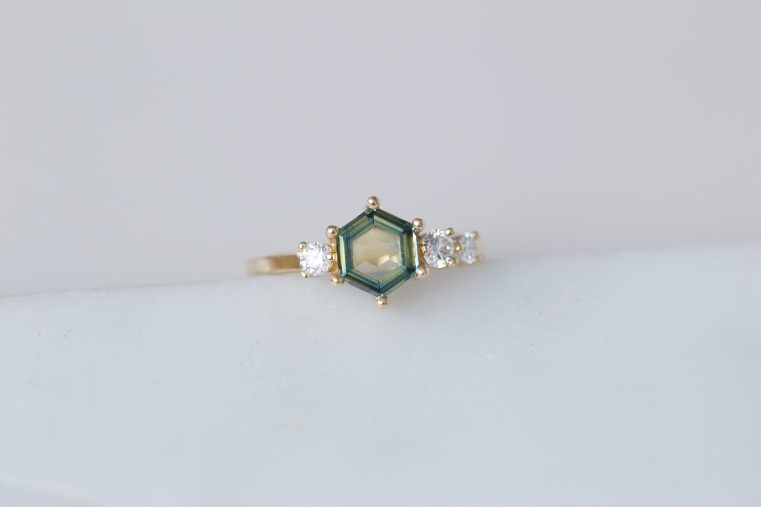 Portrait Cut Hexagon Montana Sapphire + Round Diamond Asymmetrical Engagement Ring | 14k Recycled Gold | One of a Kind